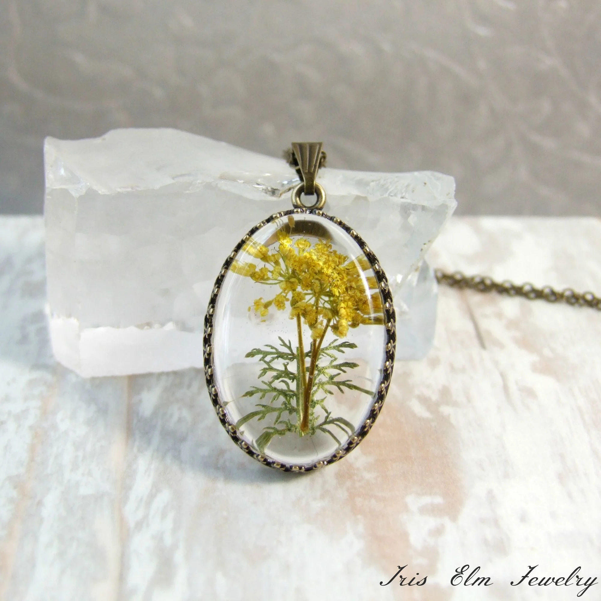 handmade pressed yellow flower pendant necklace yarrow jewelry gifts