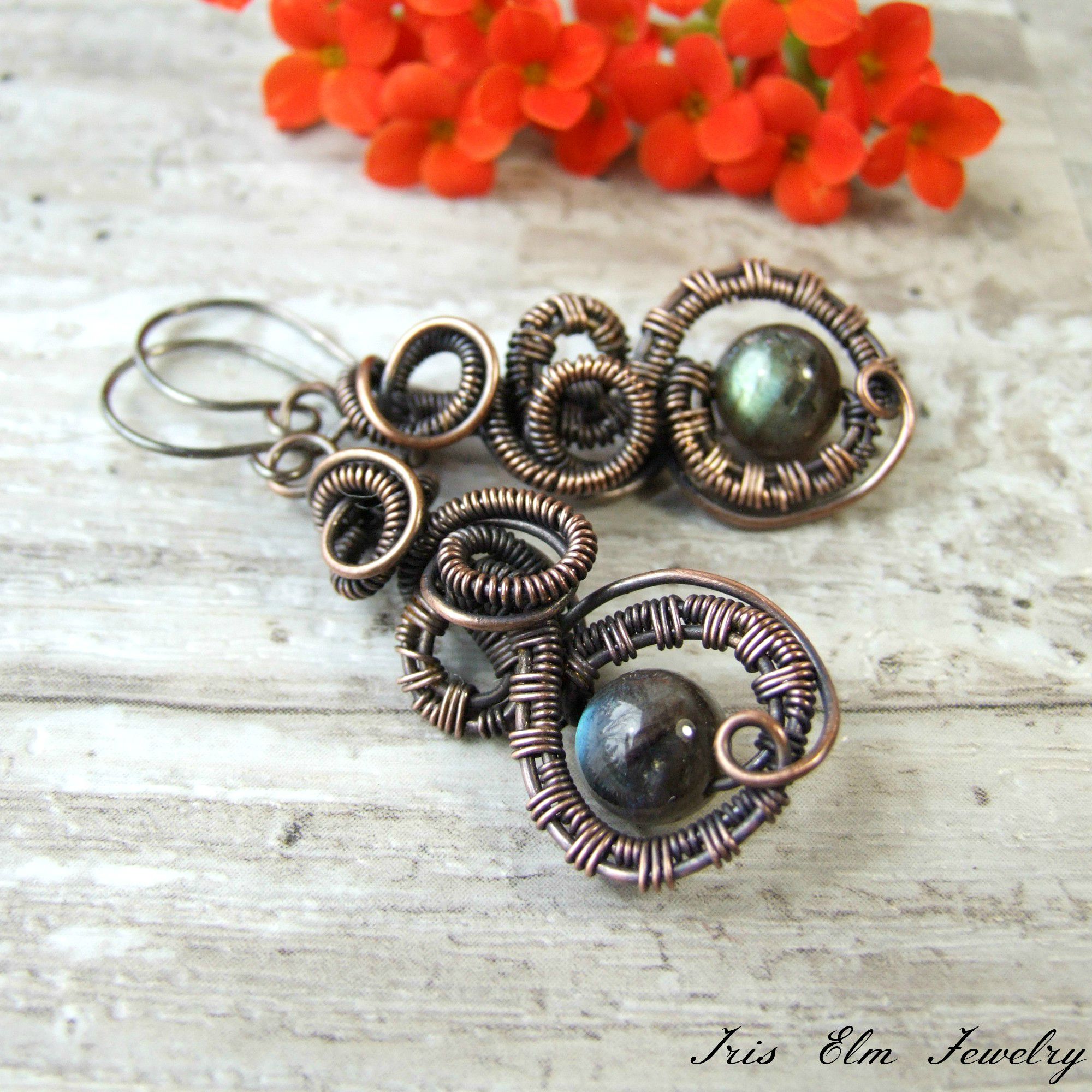 Copper Wire Wrapped Labradorite Steampunk Earrings