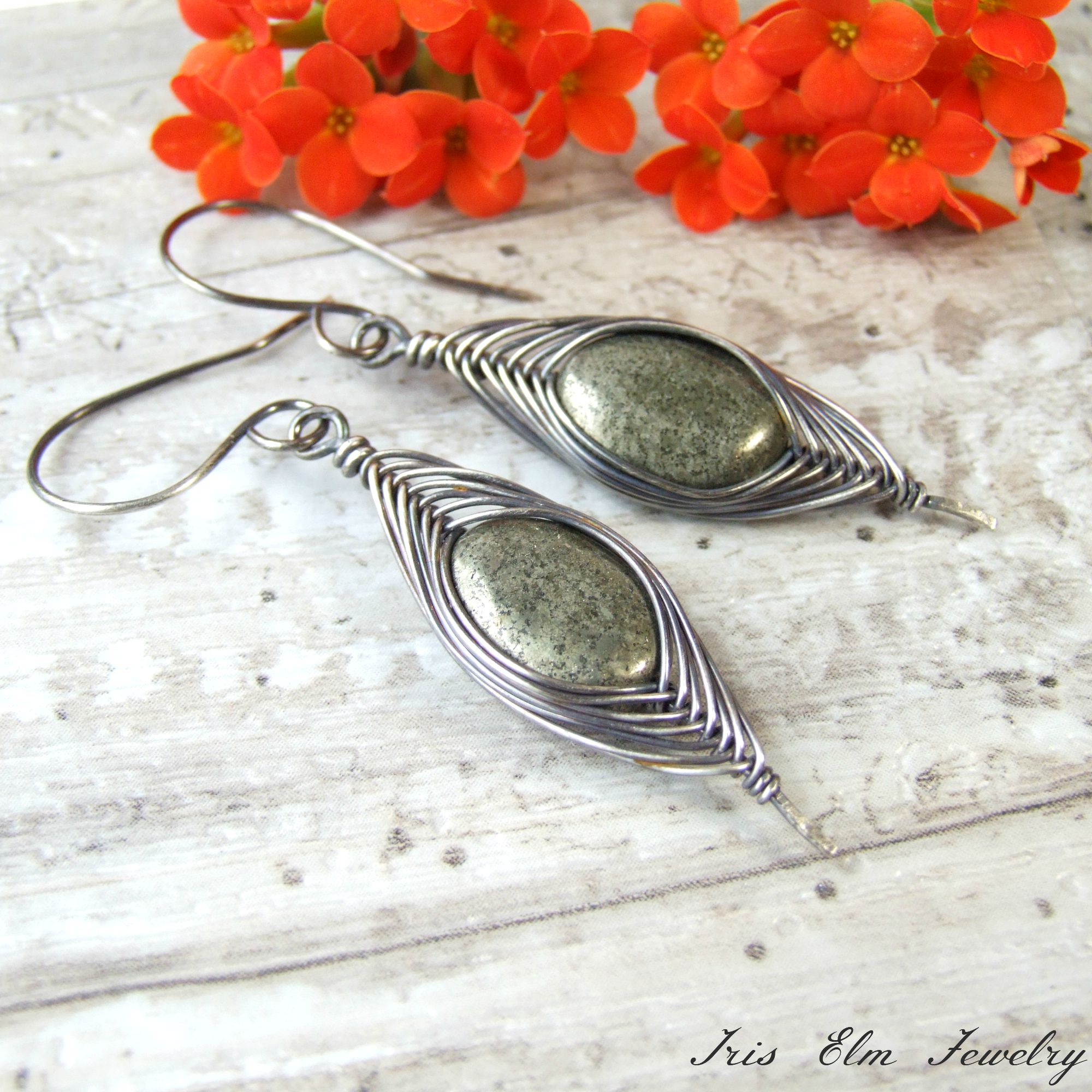 Pyrite Oxidized Silver Herringbone Wire Wrapped Earrings