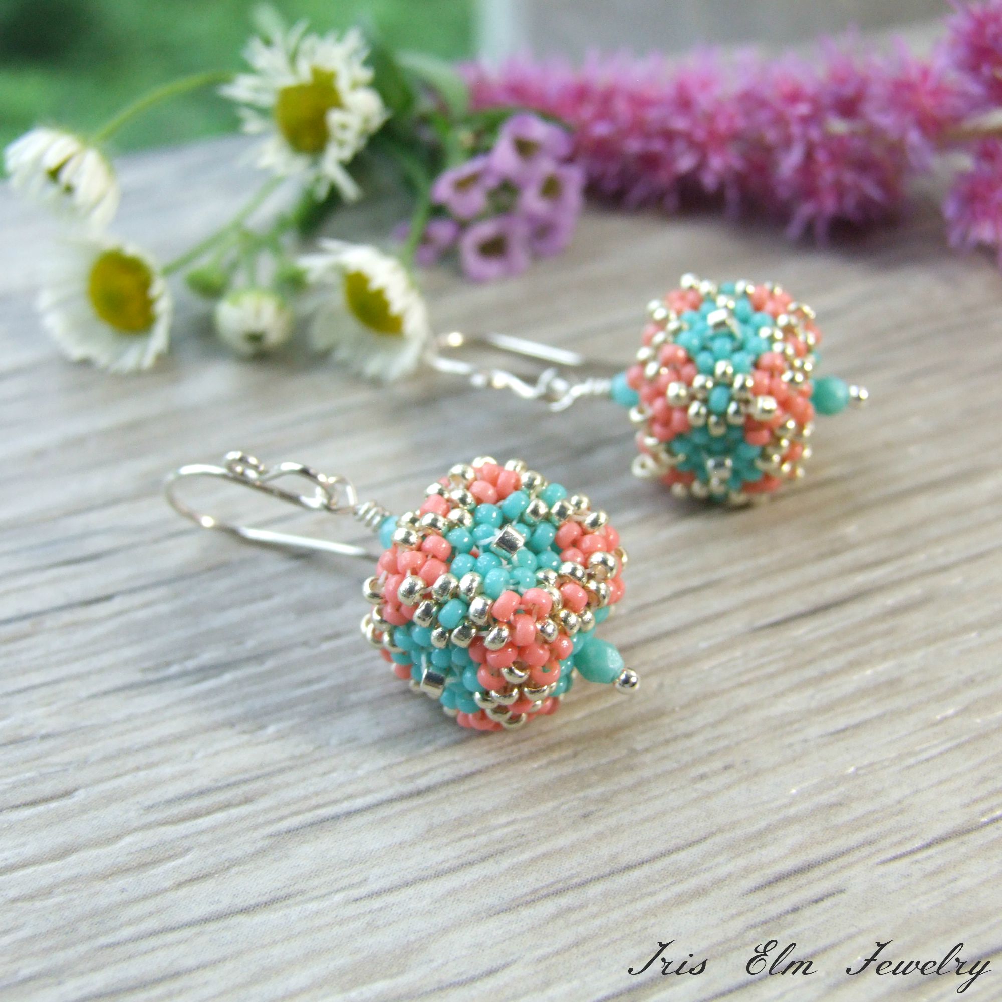 Coral &amp; Turquoise Blue Glass Beadwoven Cube Drop Earrings