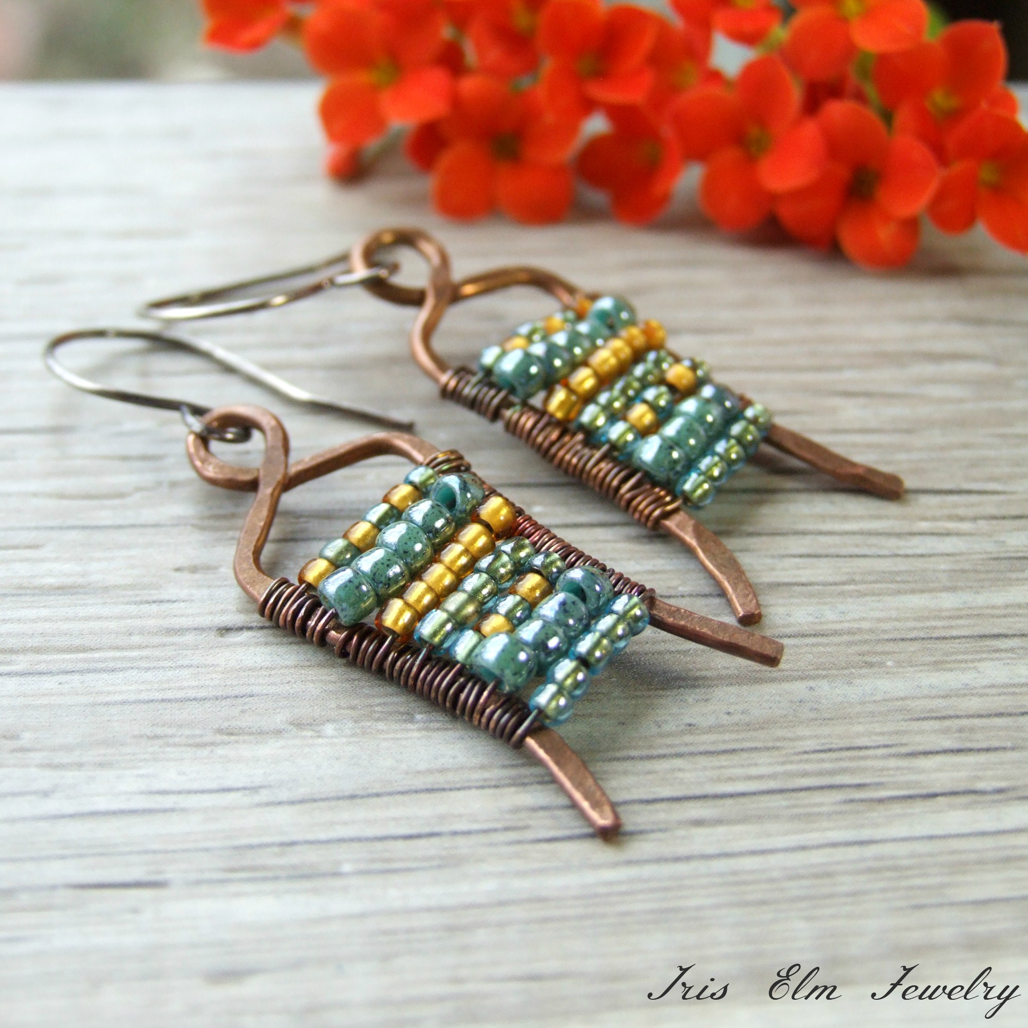 Unique Blue &amp; Yellow Glass Beaded Copper Boho Earrings