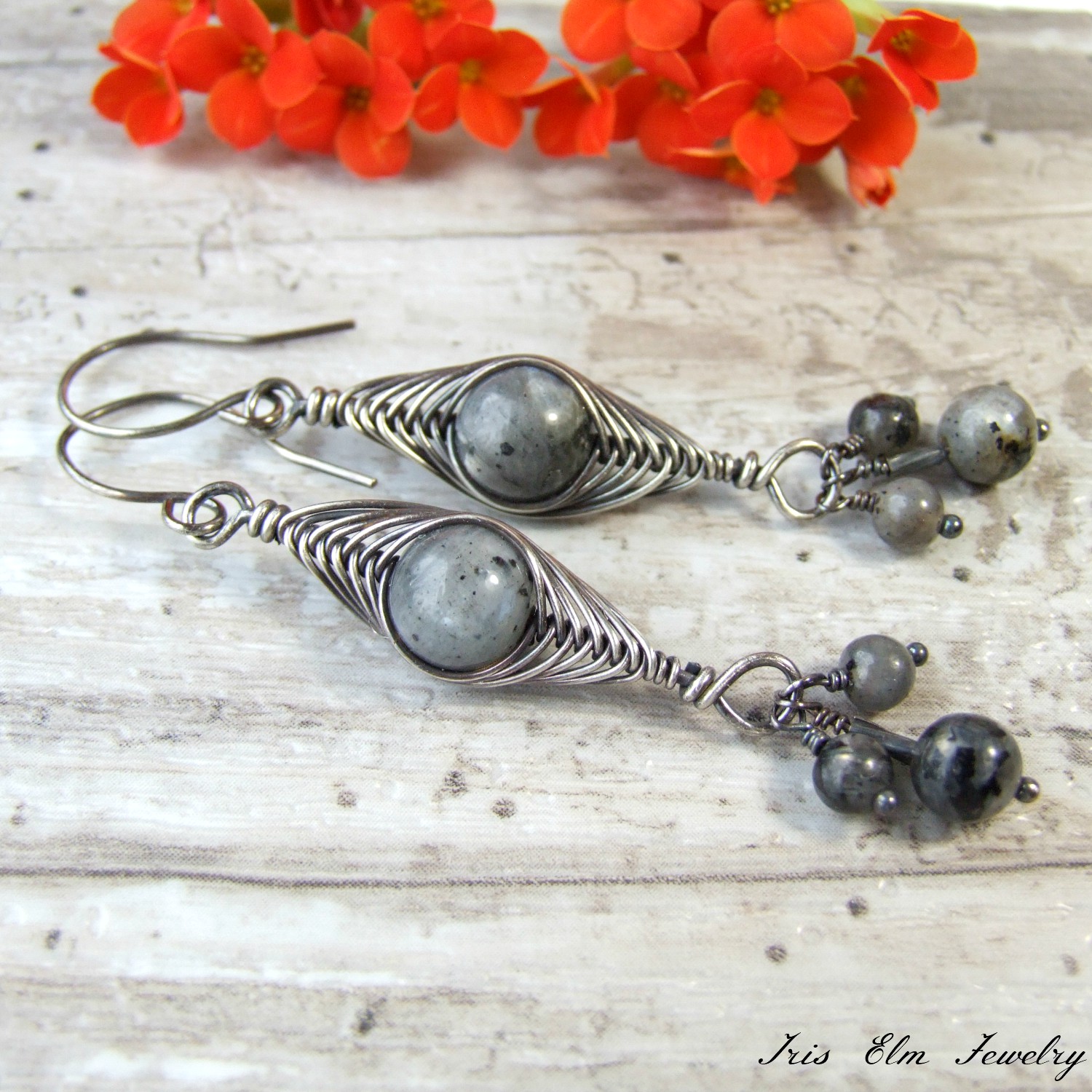 Sterling Herringbone Wire Wrapped Larvikite Boho Earrings