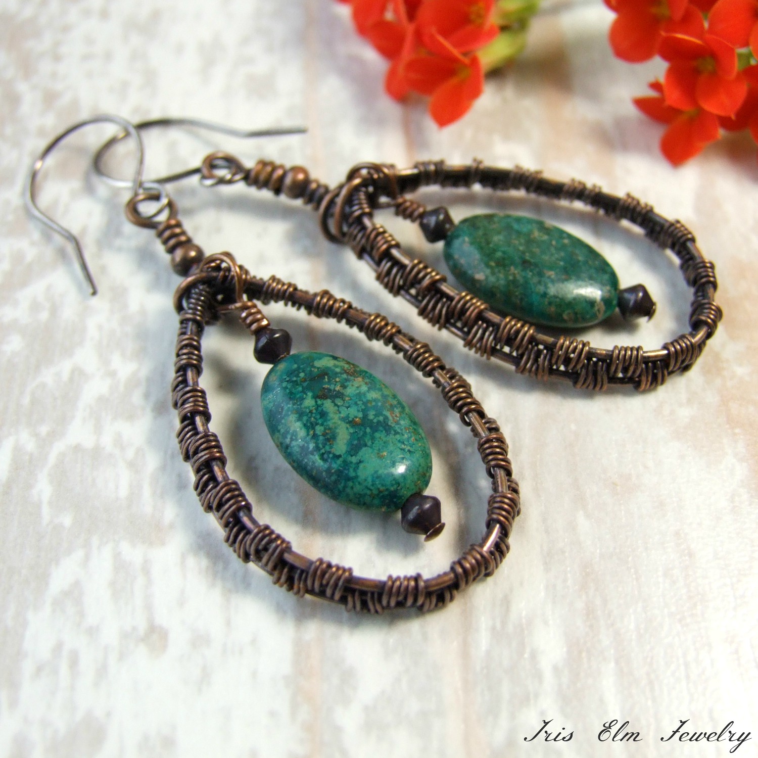 Genuine Turquoise Copper Wire Woven Teardrop Earrings 