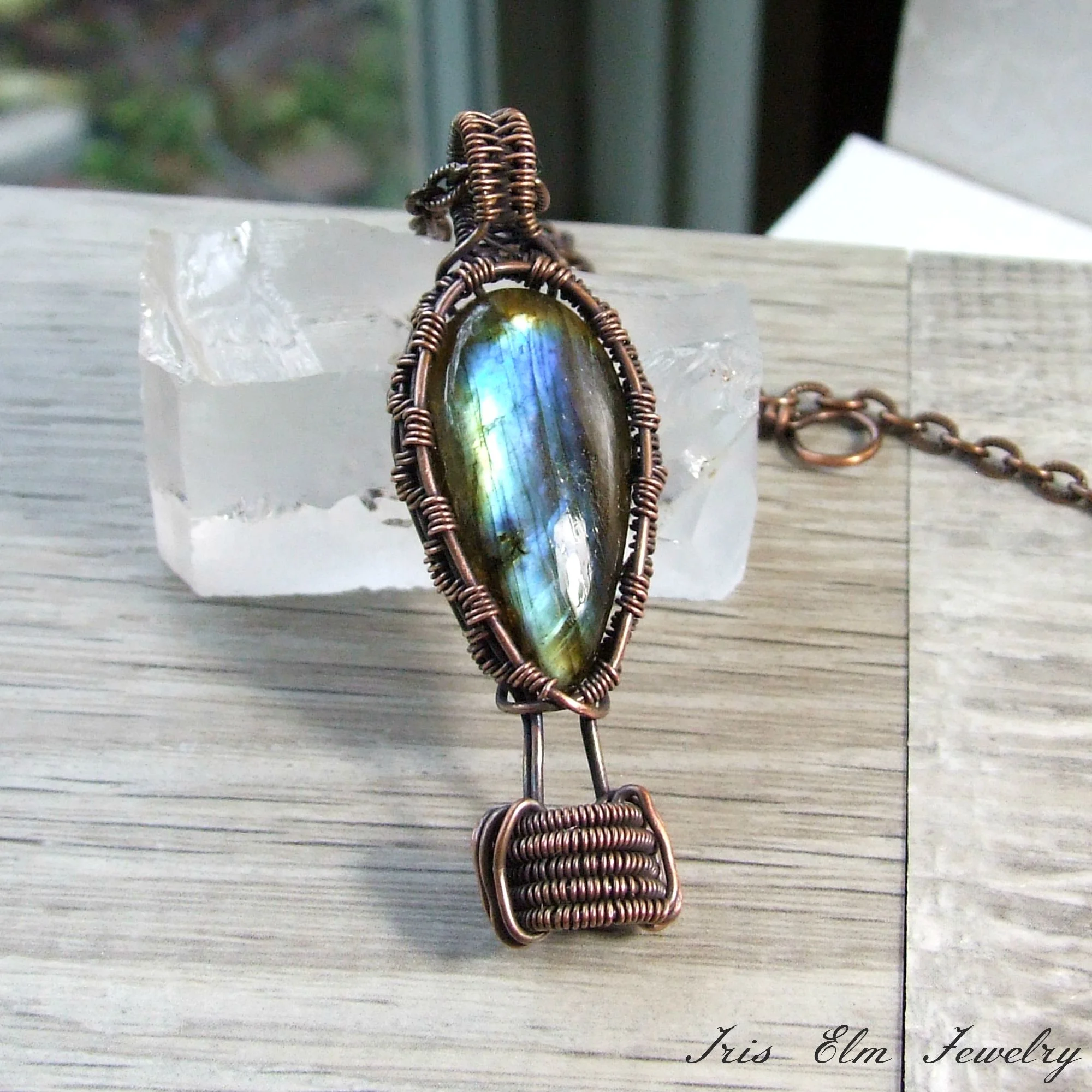 Hot Air Balloon Labradorite Wire Woven Copper Pendant Necklace