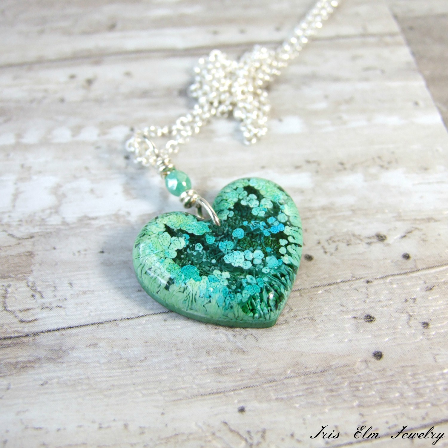 Small Blue-Green Resin Alcohol Ink Heart Pendant Necklace