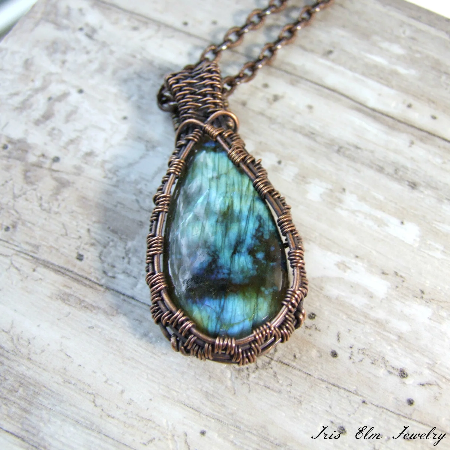 Teardrop Labradorite Copper Wire Wrapped Pendant Necklace