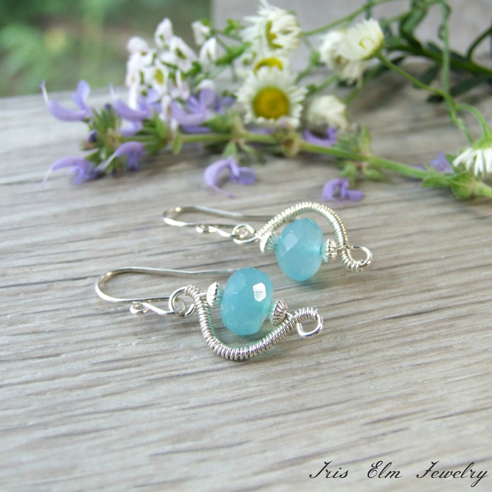 Sterling Silver Blue Chalcedony Earrings Blue Drop Earrings Small Wire Wrapped Jewelry Petite Minimalist Gifts for Her Unique Handmade