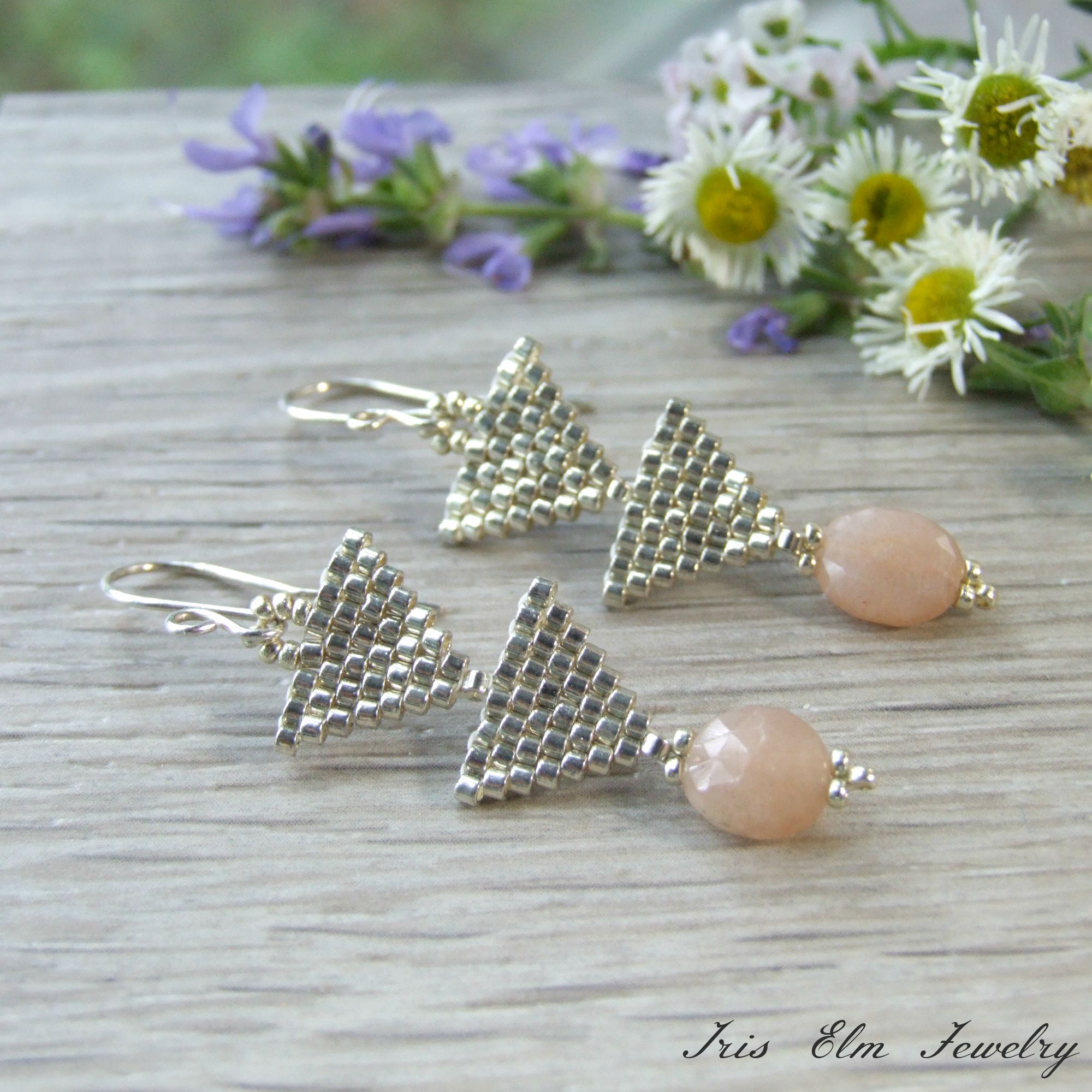 unique peach moonstone earrings silver triangle jewelry gifts