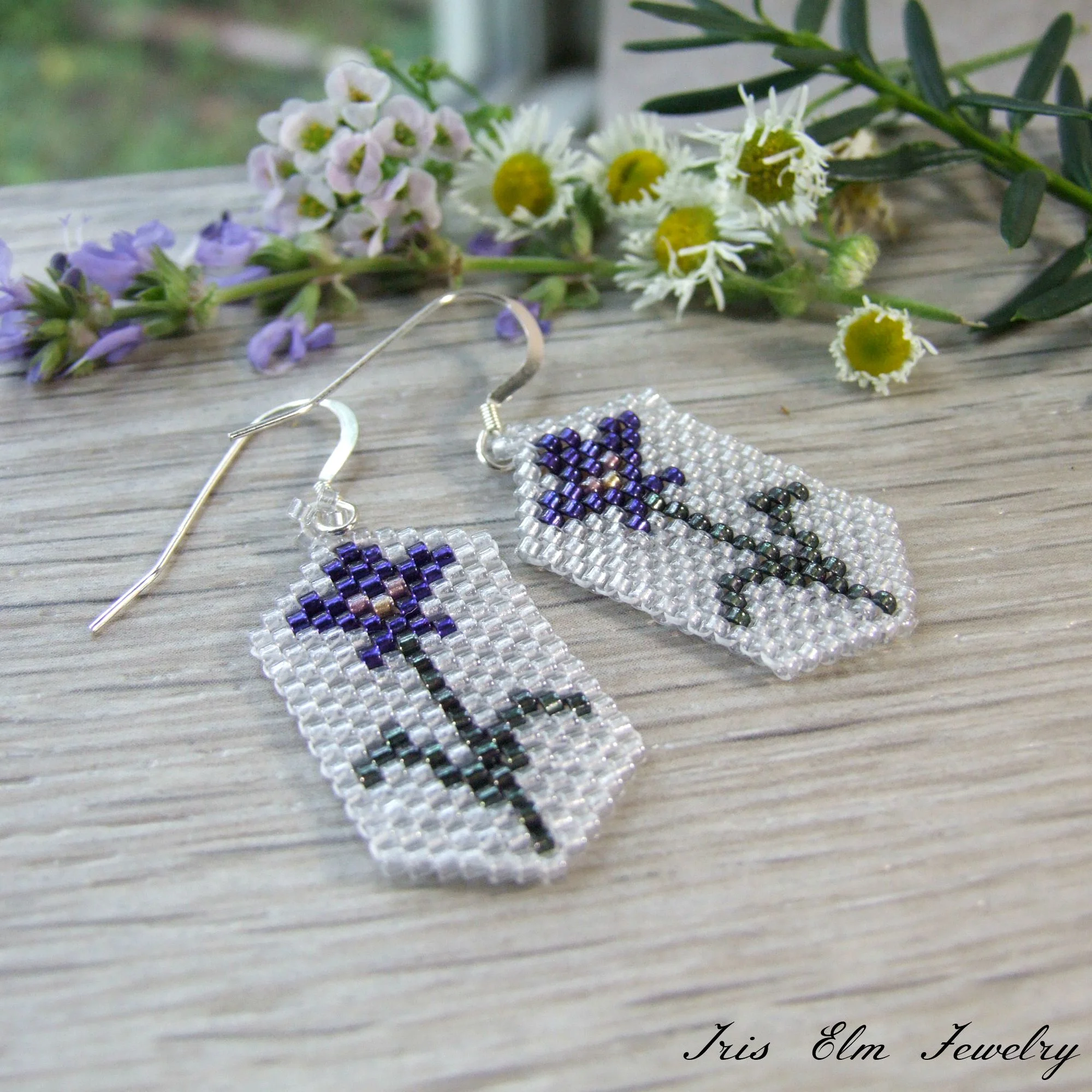 seed bead flower earrings purple iris jewelry unique gifts for her