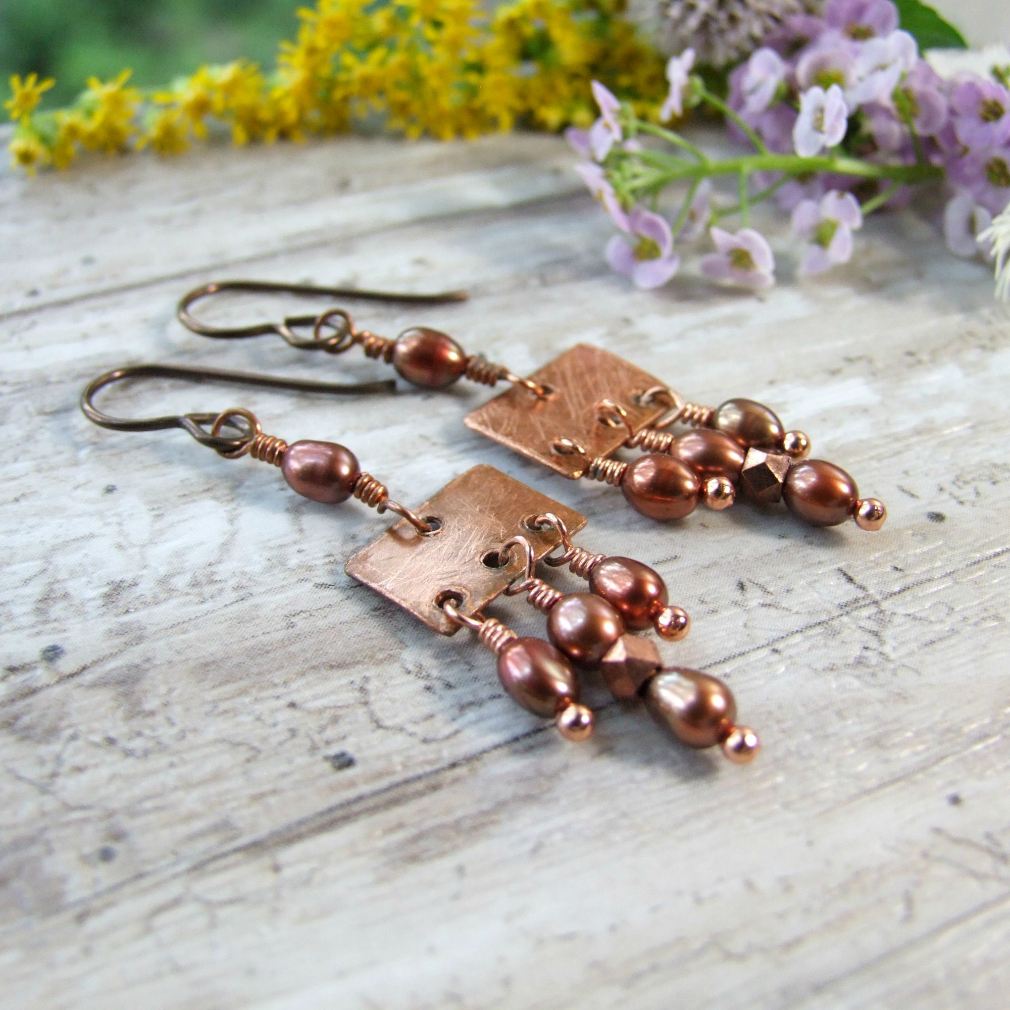 freshwater pearl small copper boho earrings metalwork jewelry gifts for sister