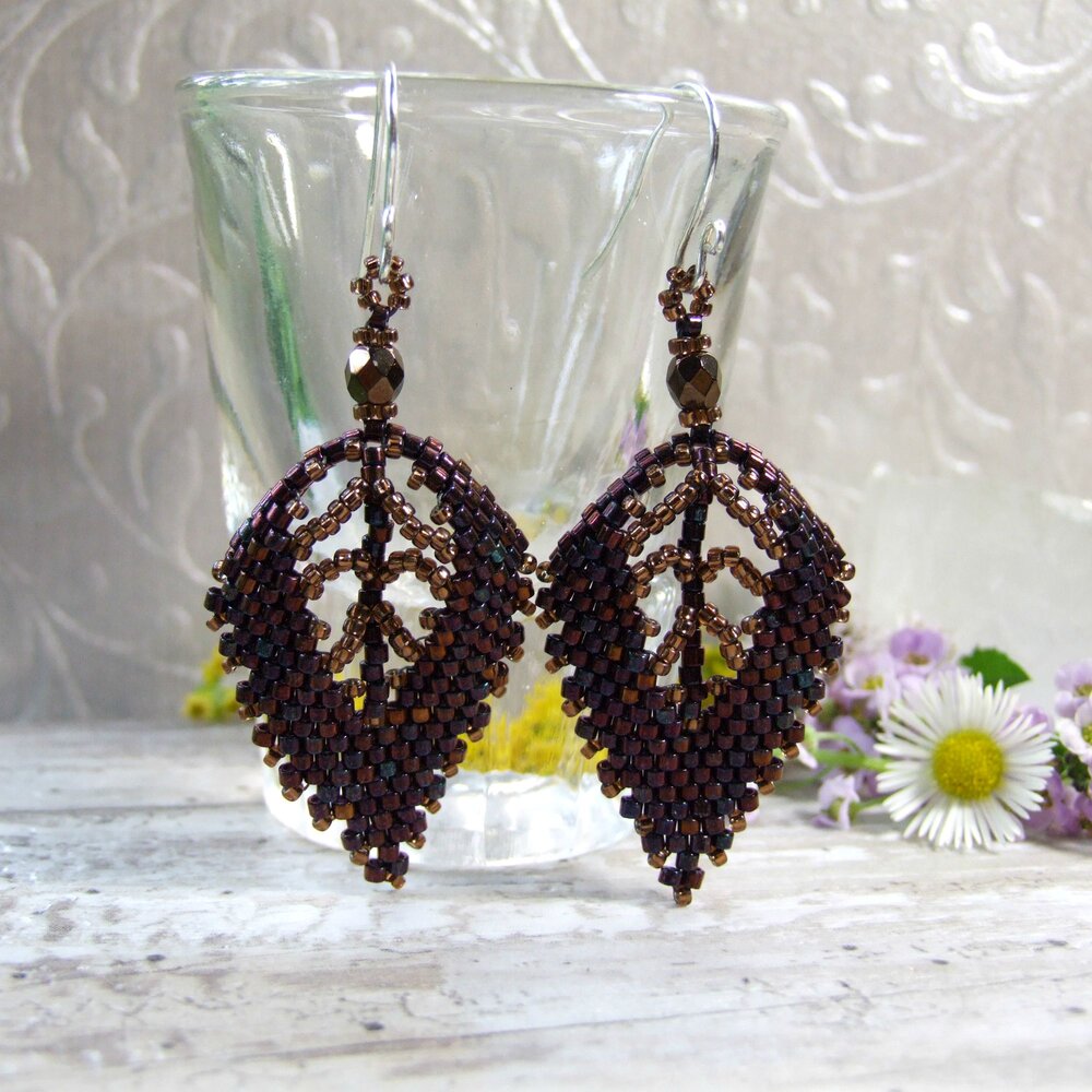 Topaz Brown Autumn Leaf Glass Seed Bead Earrings - Iris Elm Jewelry & Soap