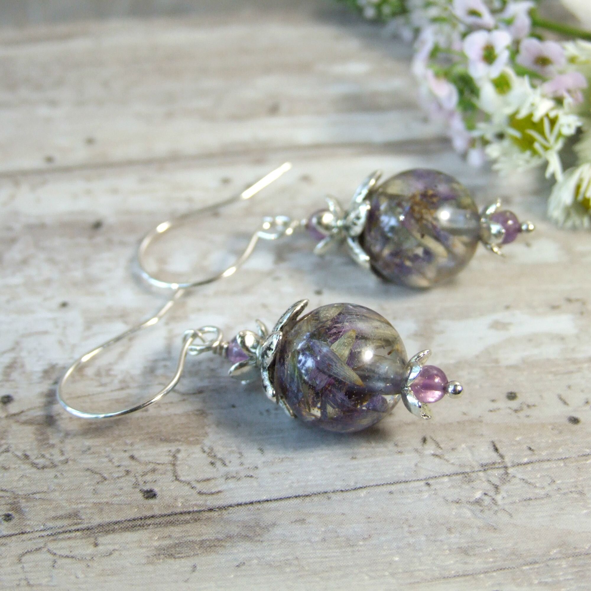 Anise Hyssop Real Purple Wildflower Dangle Earrings with Amethyst