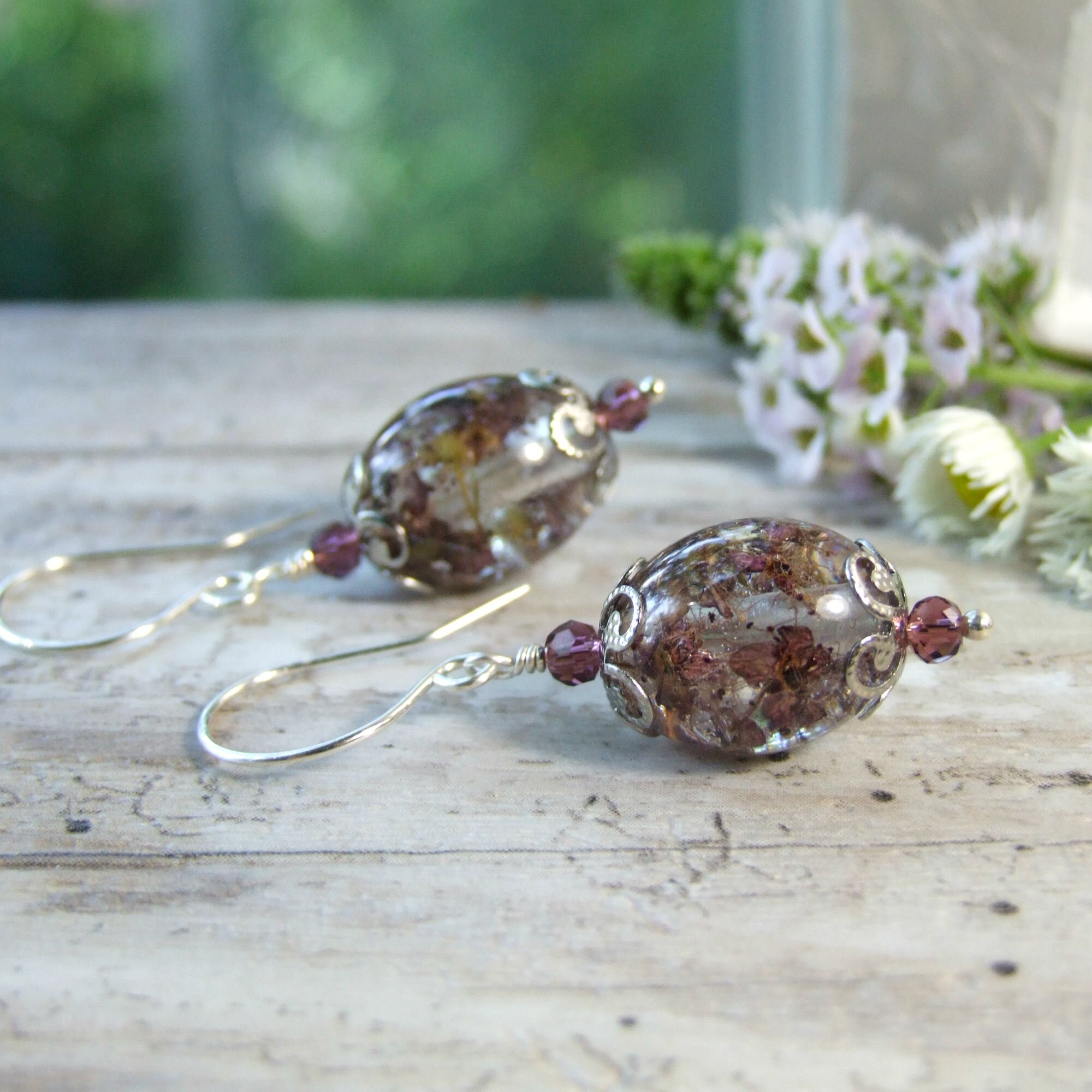 Mauve Pink Real Pressed Flowers in Resin Drop Earrings