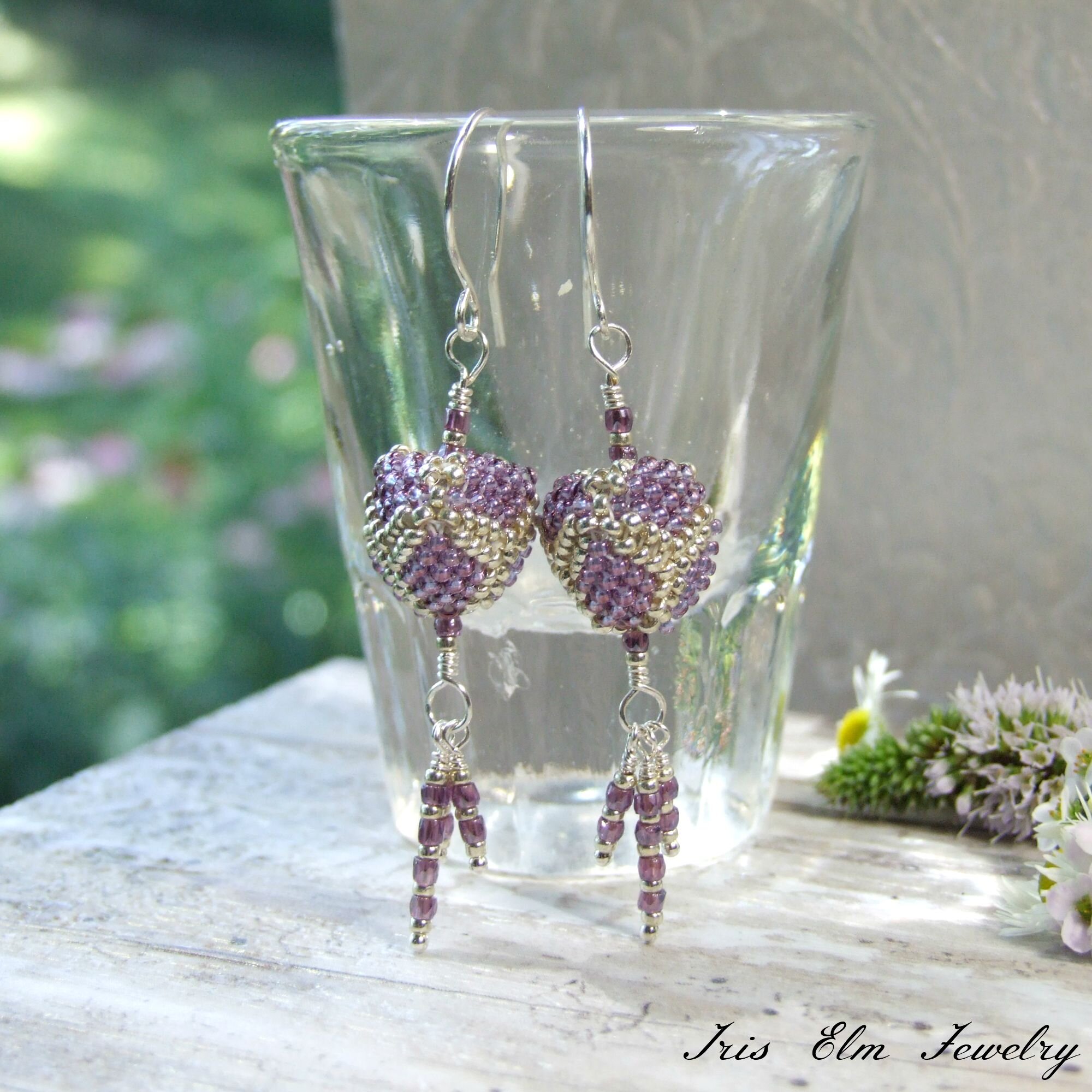 Purple &amp; Silver Beadwoven Glass Triangle Dangle Earrings