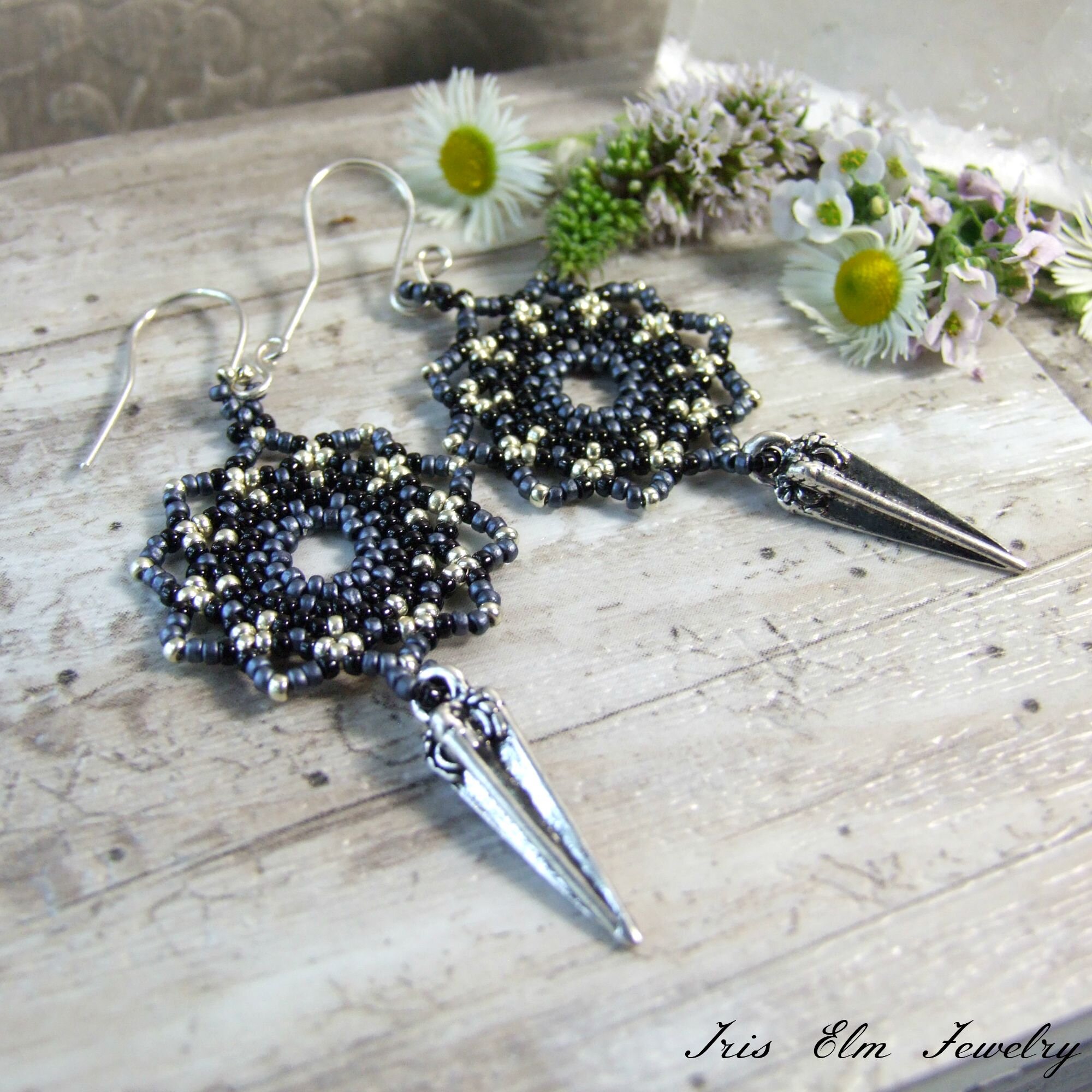 Black &amp; Blue-Grey Woven Mandala Bohemian Silver Spike Earrings