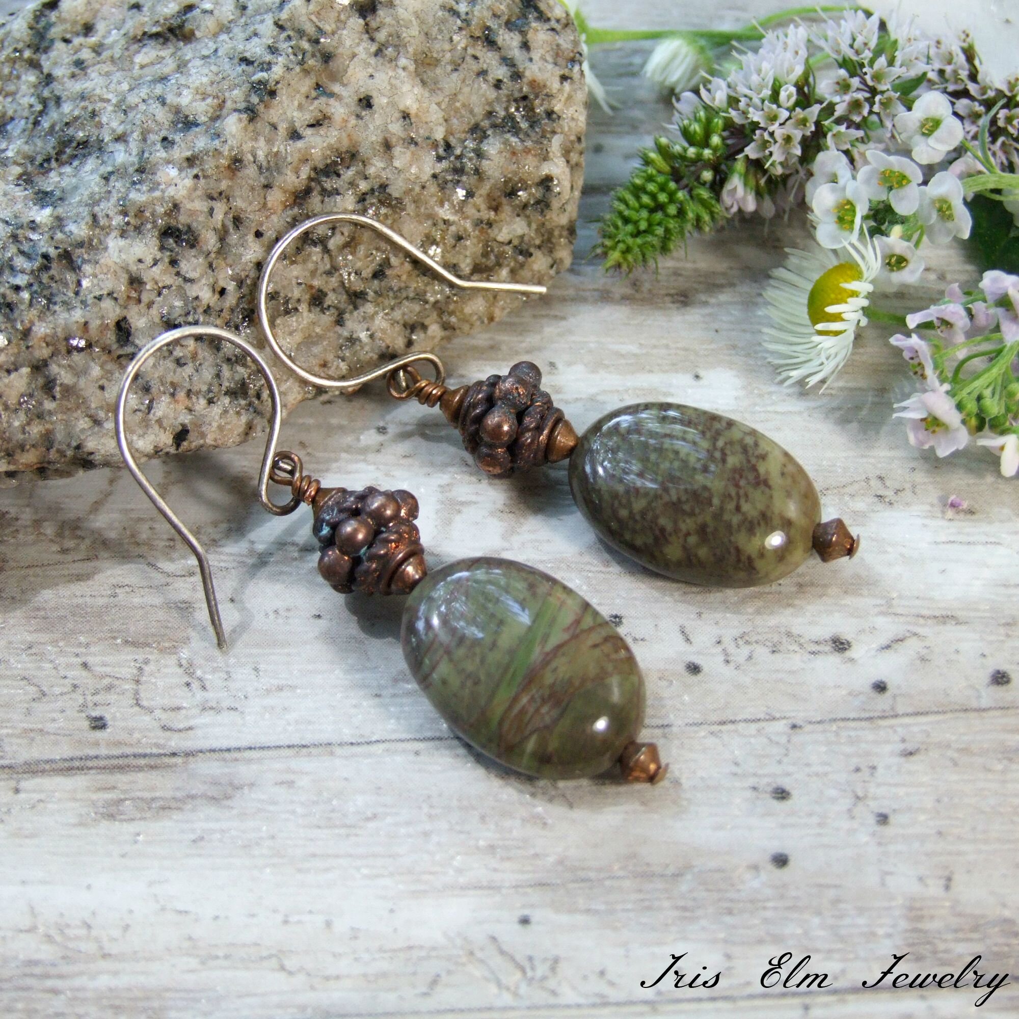 Green Sierra Agate Earthtone Dangle Earrings