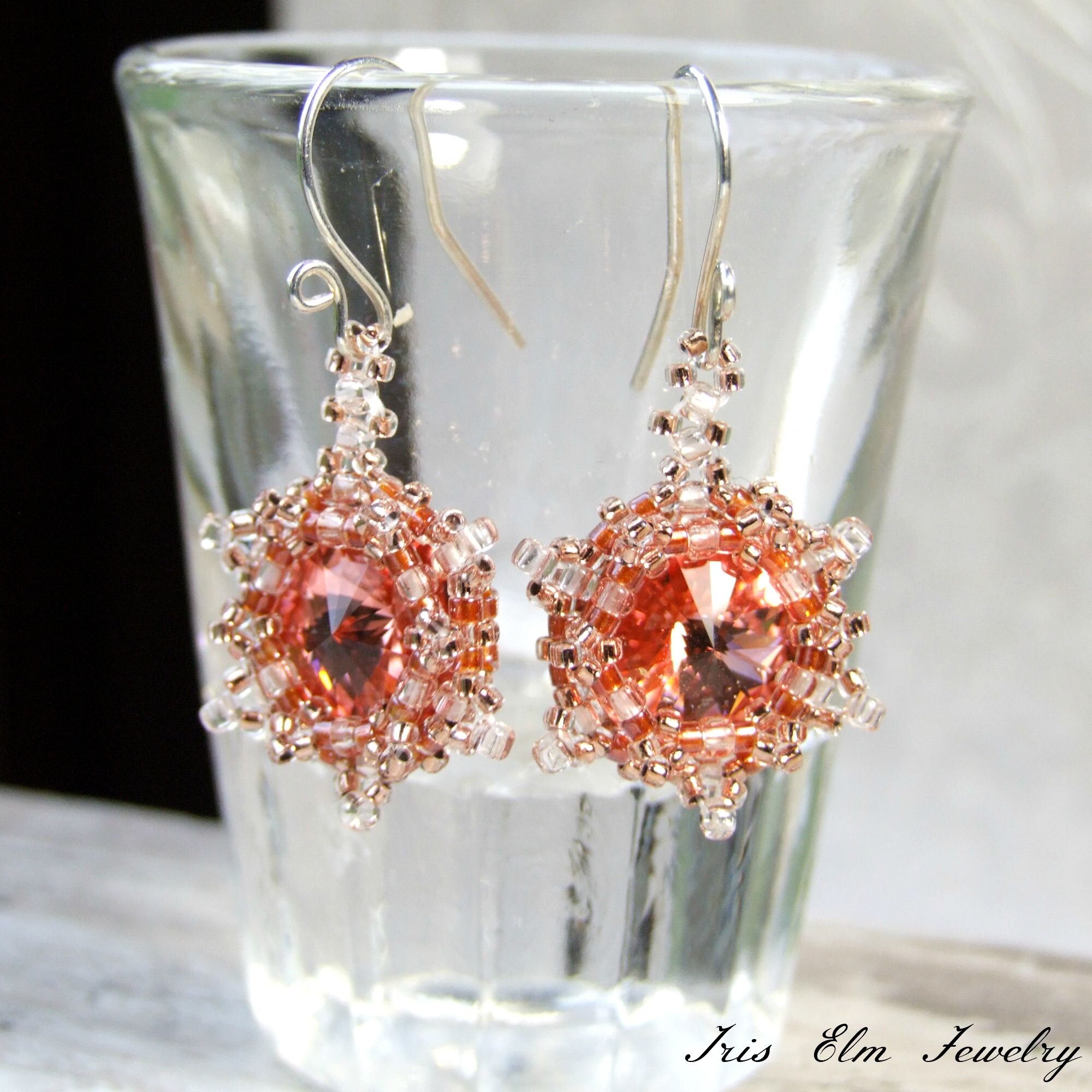 Rose Peach Crystal Beadwork Drop Earrings