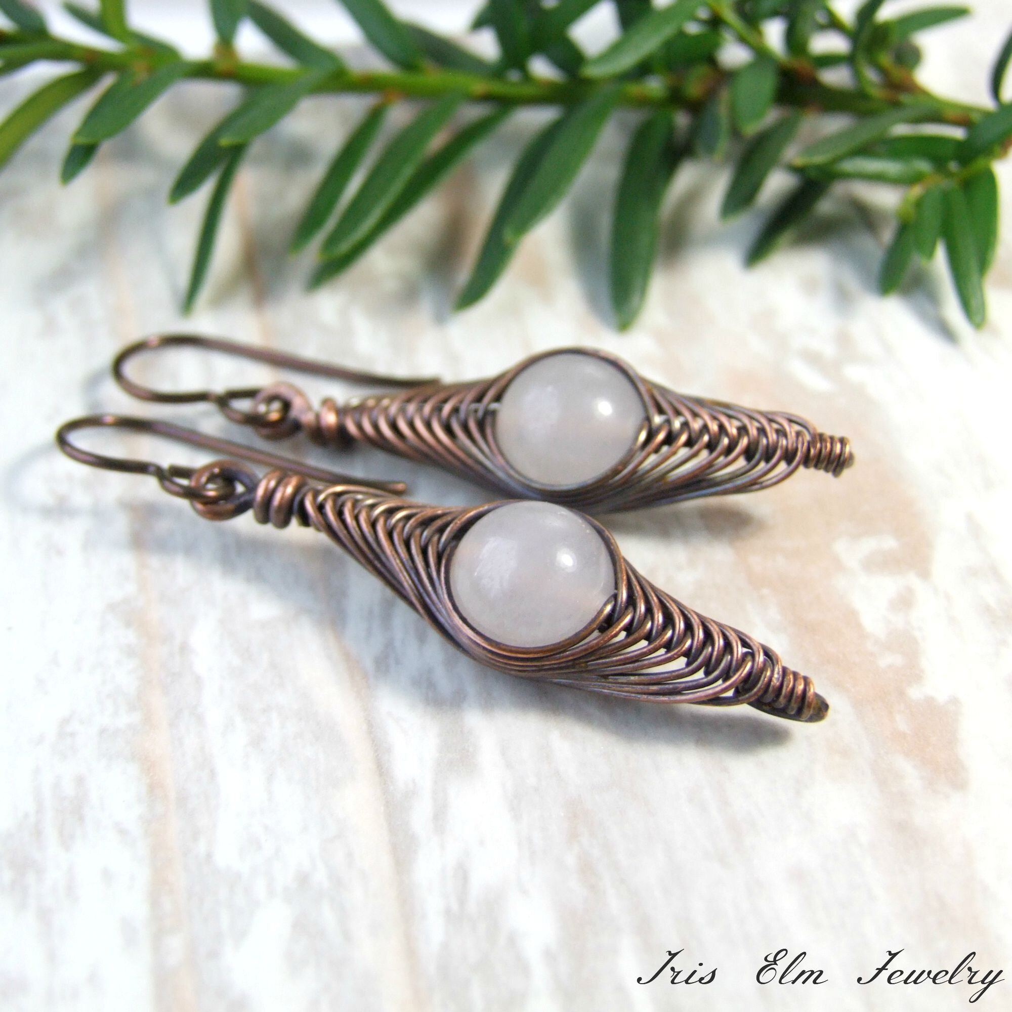 White Snow Quartz Herringbone Copper Wire Earrings