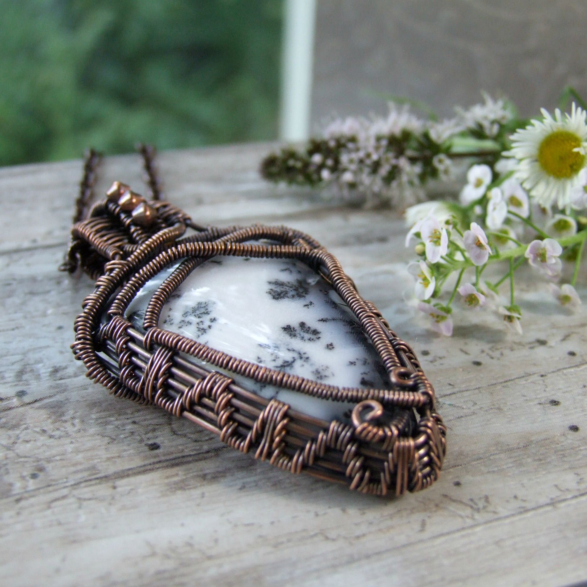 Black &amp; White Dendritic Agate Copper Wire Wrapped Boho Pendant Necklace