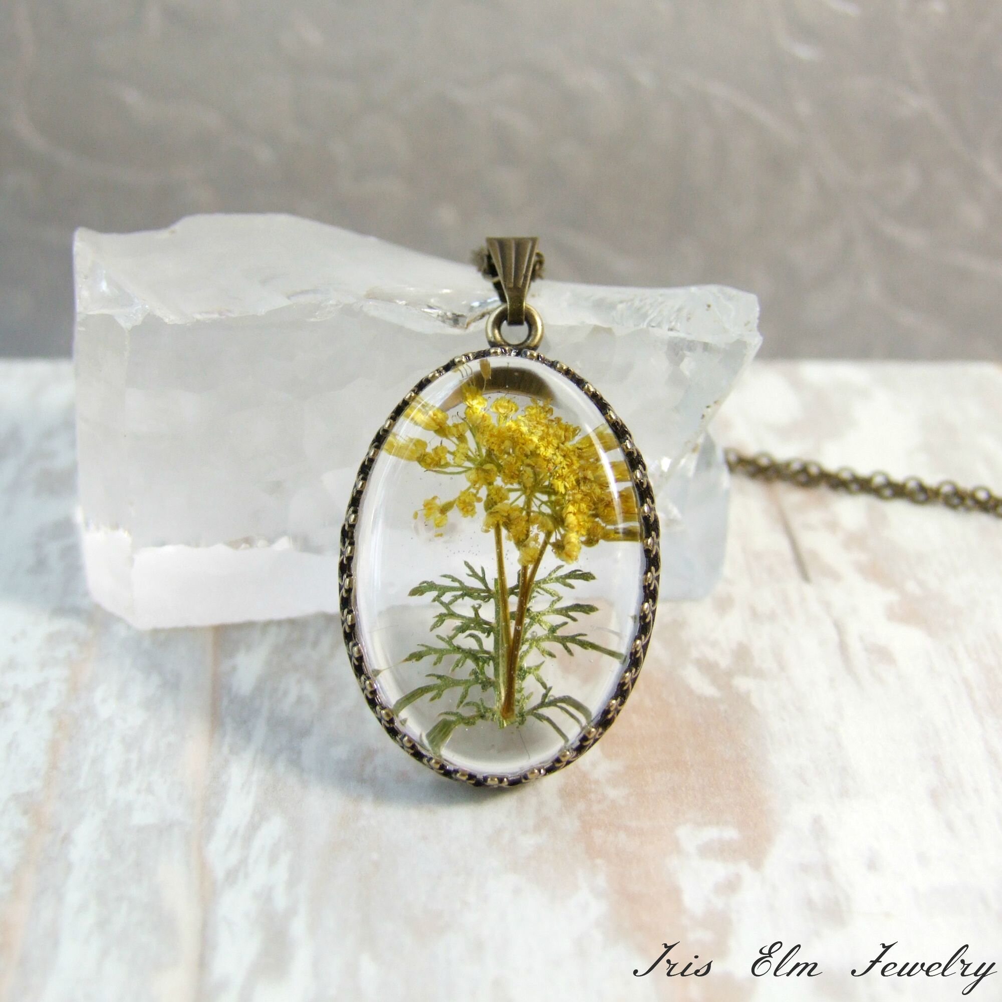 Antiqued Brass Yellow Pressed Wildflower Necklace