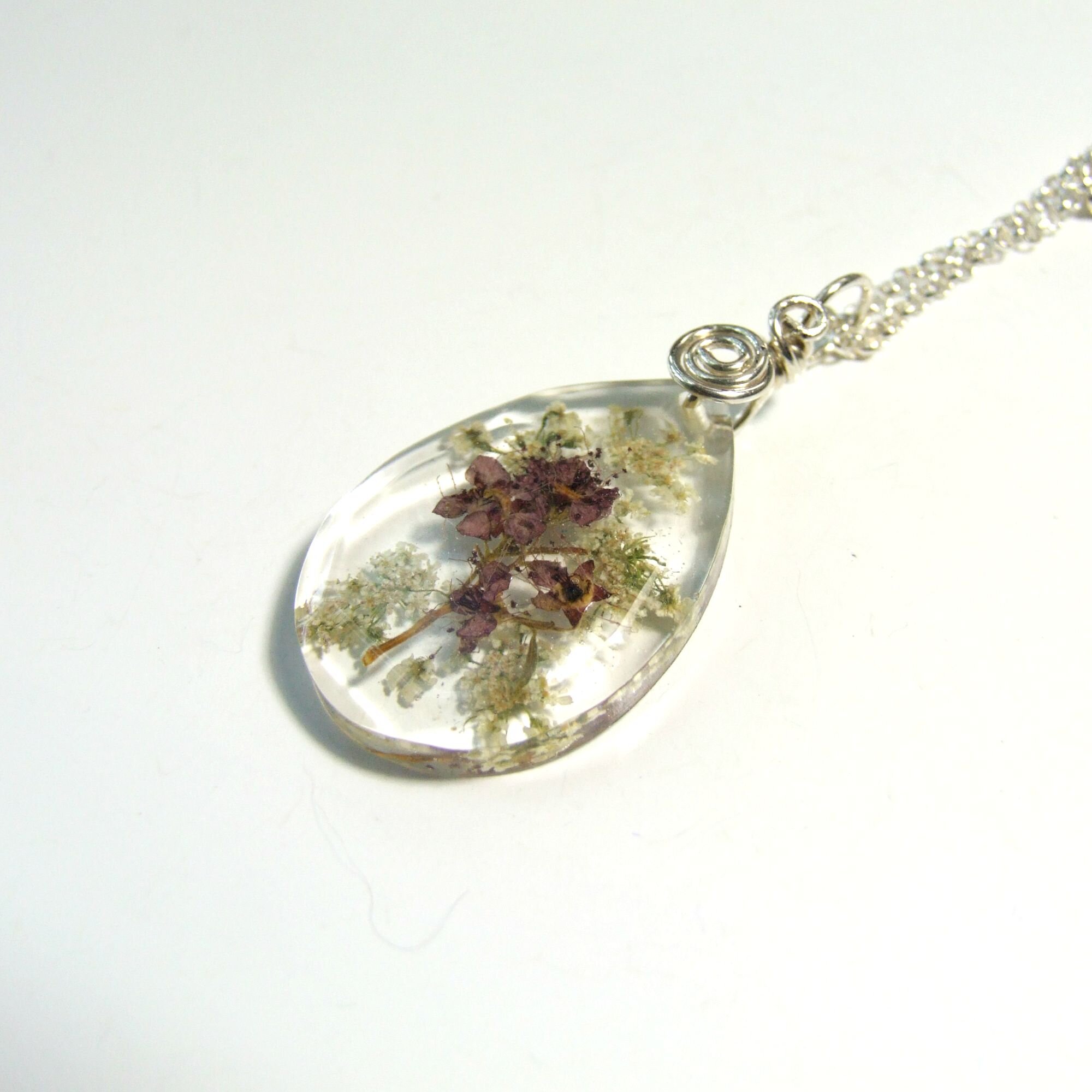 Collection Sterling Silver Pressed Flower Teardrop Pendant Necklace 