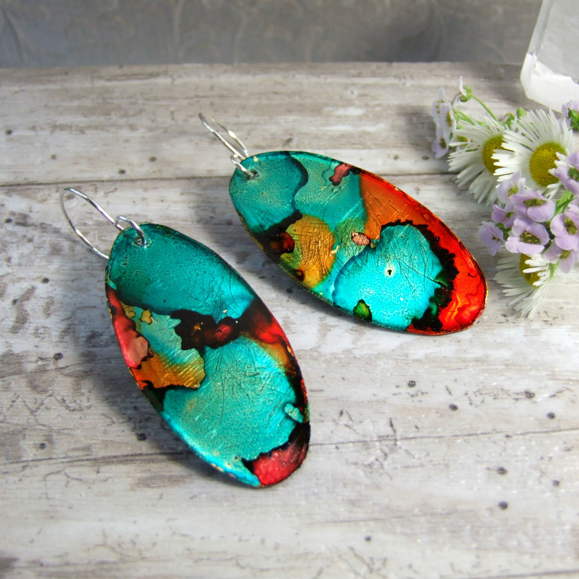 Red-Orange &amp; Green Oval Alcohol Ink Abstract Earrings