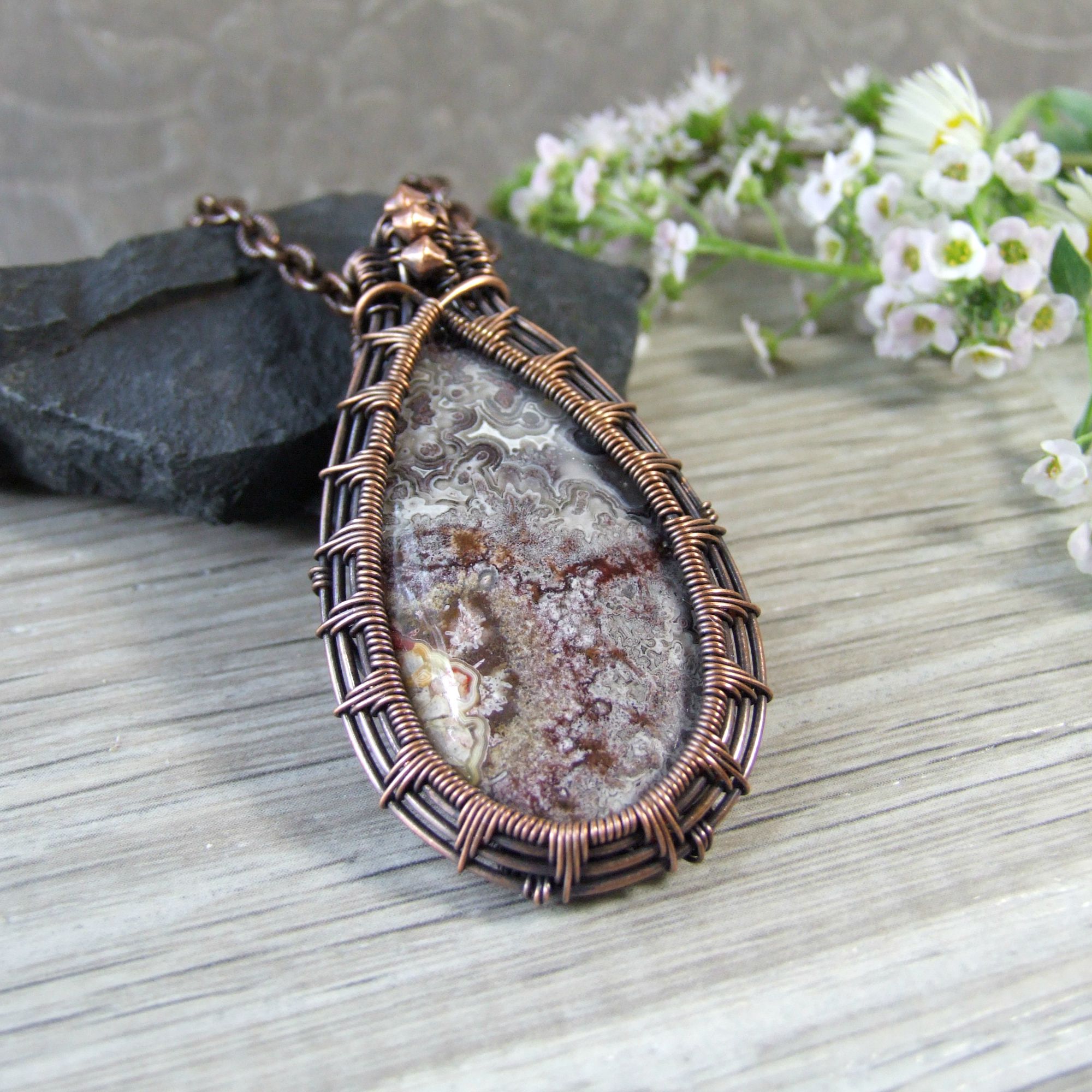 Crazy Lace Agate Copper Wire Teardrop Pendant Necklace