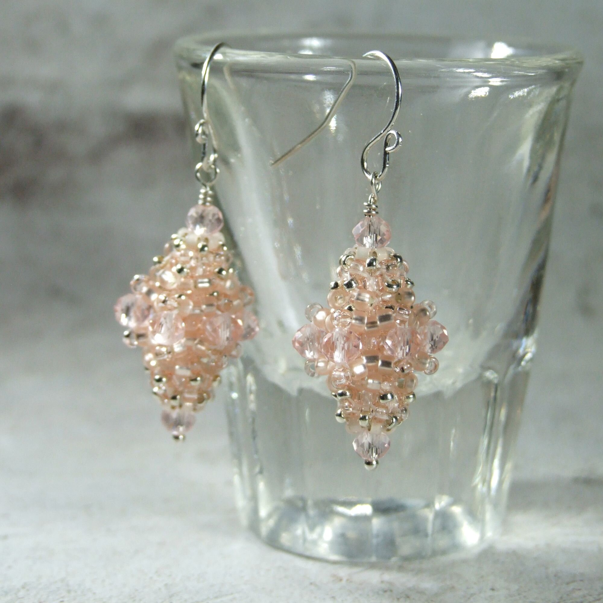 Vintage Inspired Light Pink Glass Beaded Bead Drop Earrings