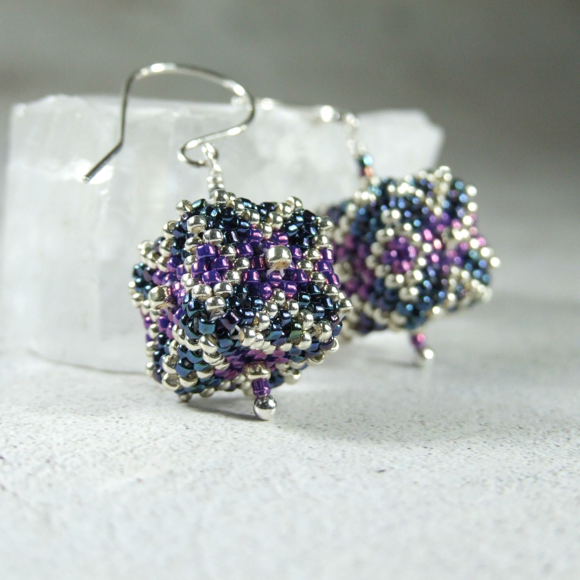 Iridescent Midnight Blue, Purple, &amp; Silver Beadwork Glass Cube Earrings