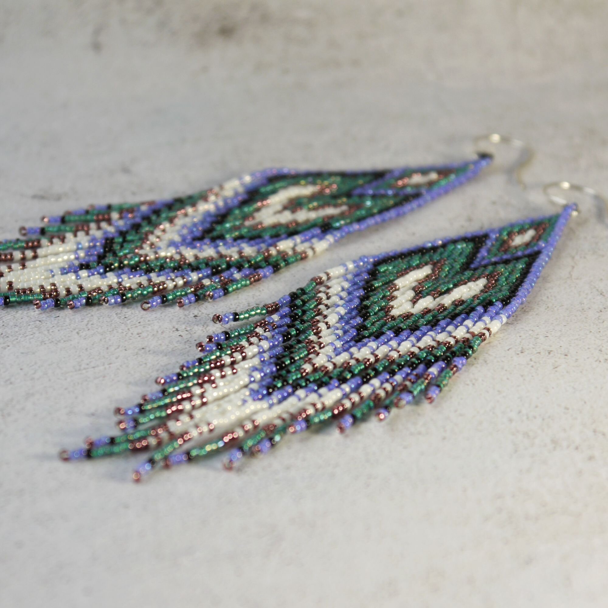 Bohemian Teal, Purple, &amp; Pink Long Glass Beaded Fringe Earrings