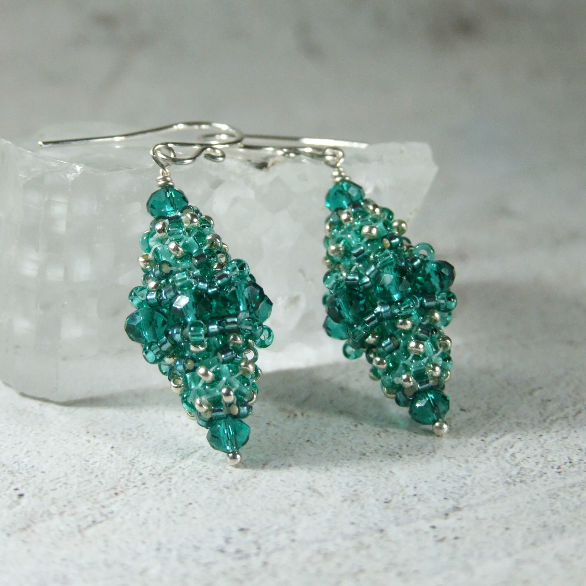 Vintage Inspired Emerald Green Glass Beaded Bead Drop Earrings