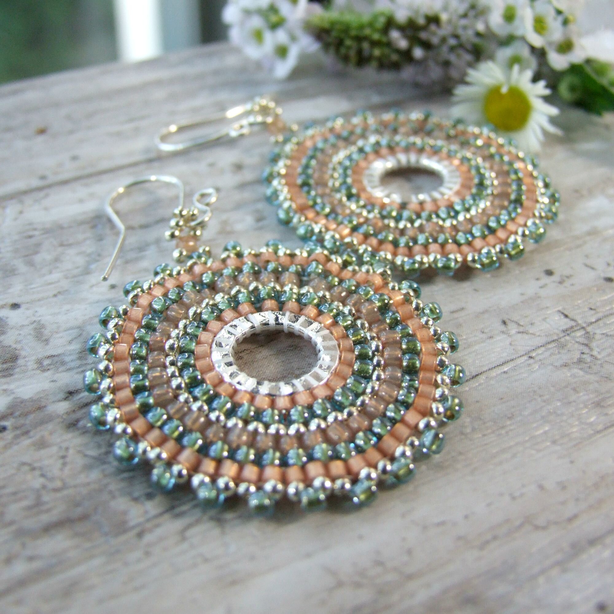 Aqua &amp; Peach Glass Bohemian Beaded Hoop Earrings