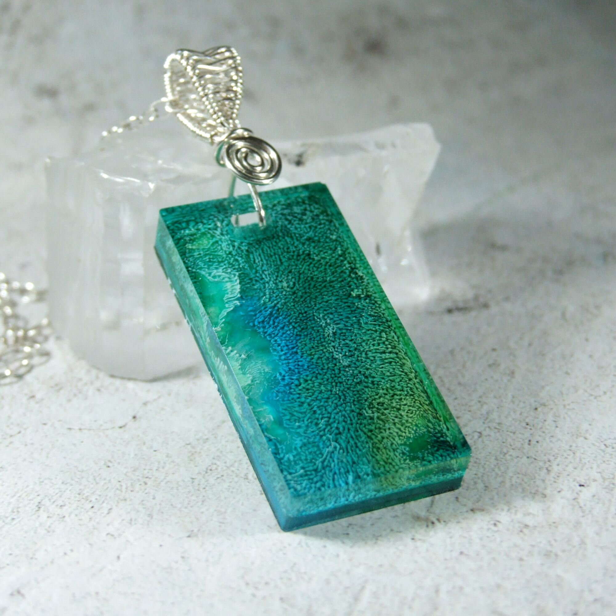 Ocean Teal Green Alcohol Ink Sterling Silver Necklace