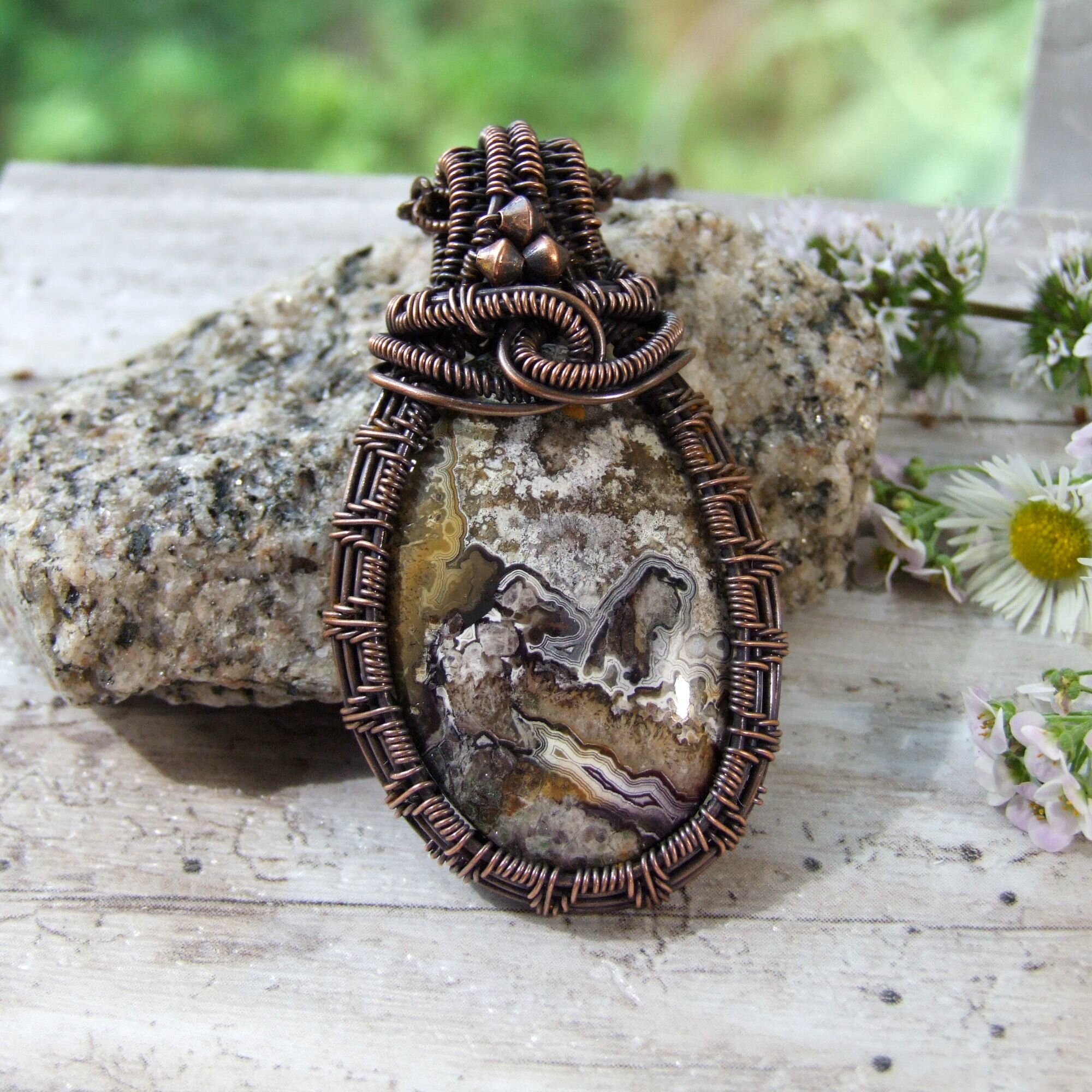 Earthy Crazy Lace Agate Oxidized Copper Wire Woven Necklace