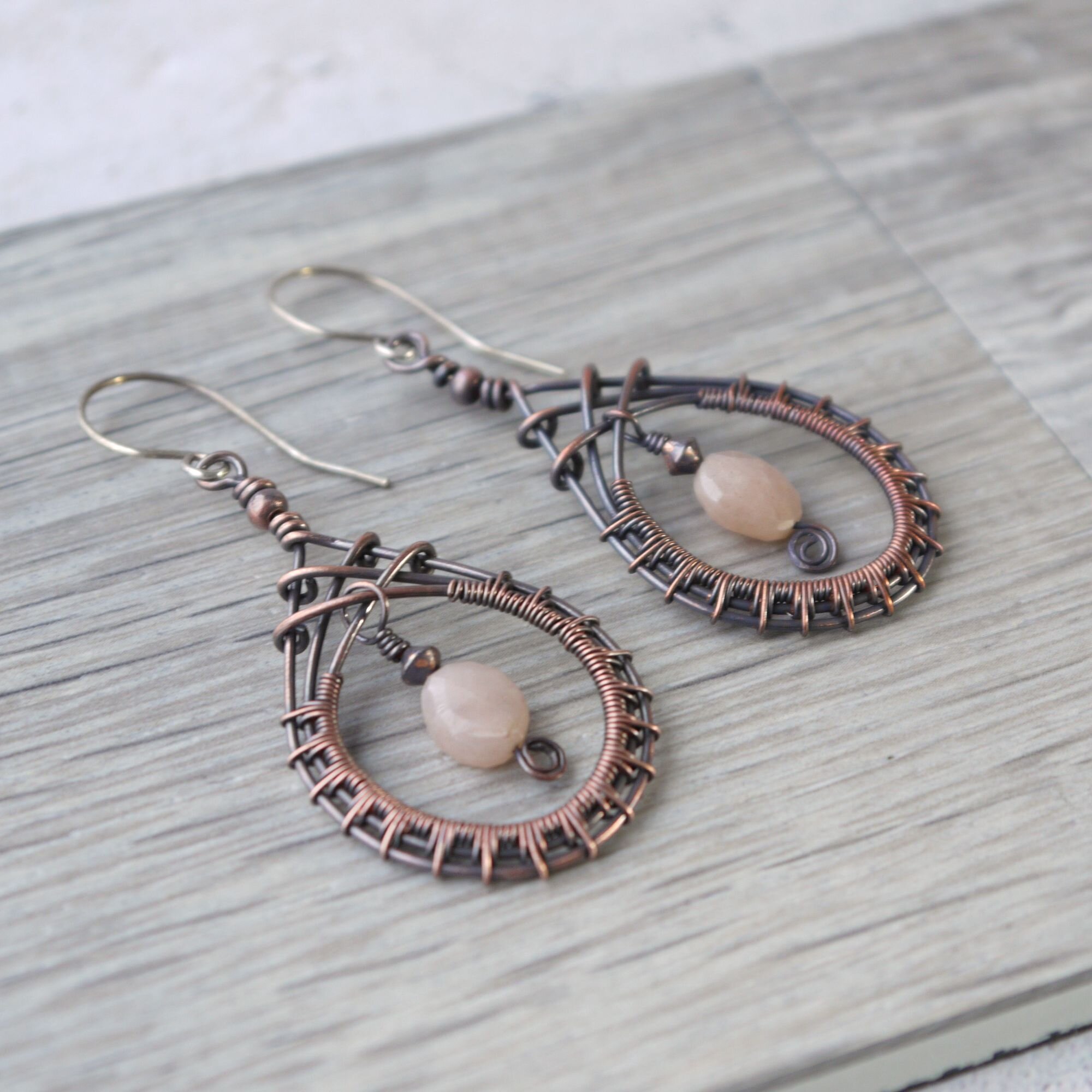 gift for girlfriend Peach Moonstone Earrings gift for wife Moonstone dangle earrings hand hammered ear wires