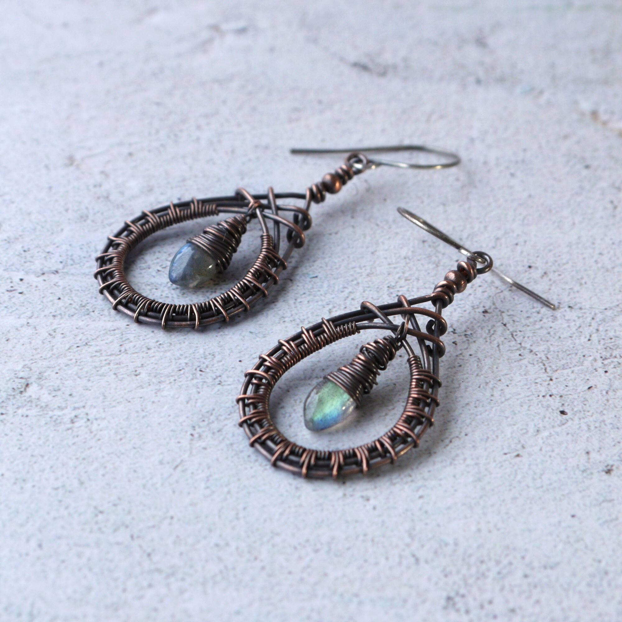 Iridescent Labradorite Copper Wire Woven Teardrop Earrings 