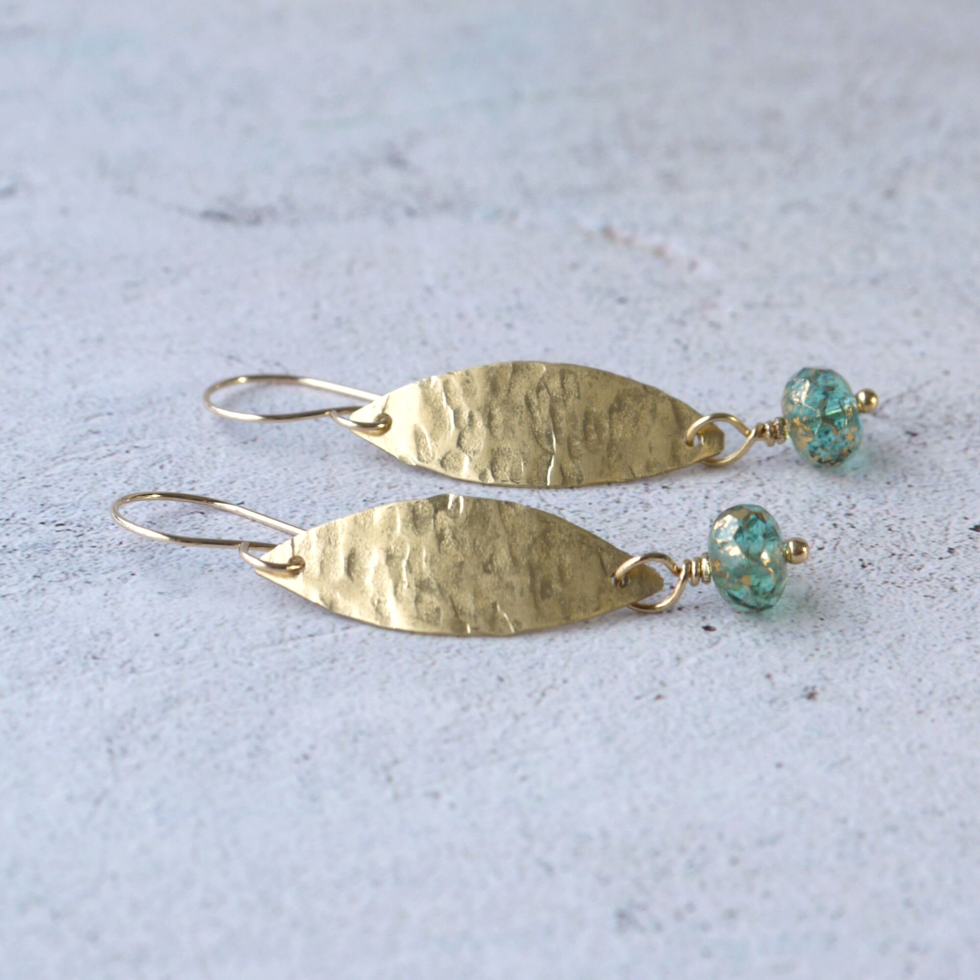 Marquise Hammered Brass Blue Glass Earrings