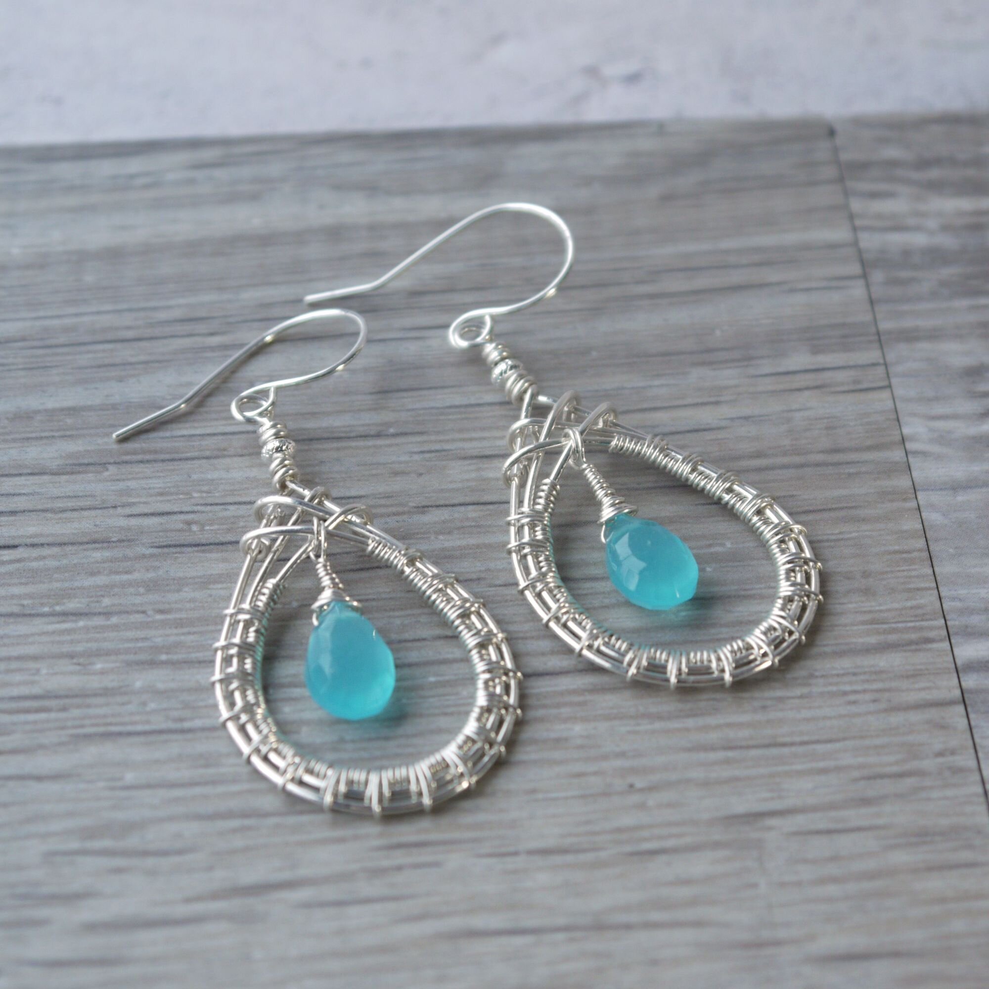 Aqua Blue Chalcedony Sterling Silver Wire Wrapped Earrings