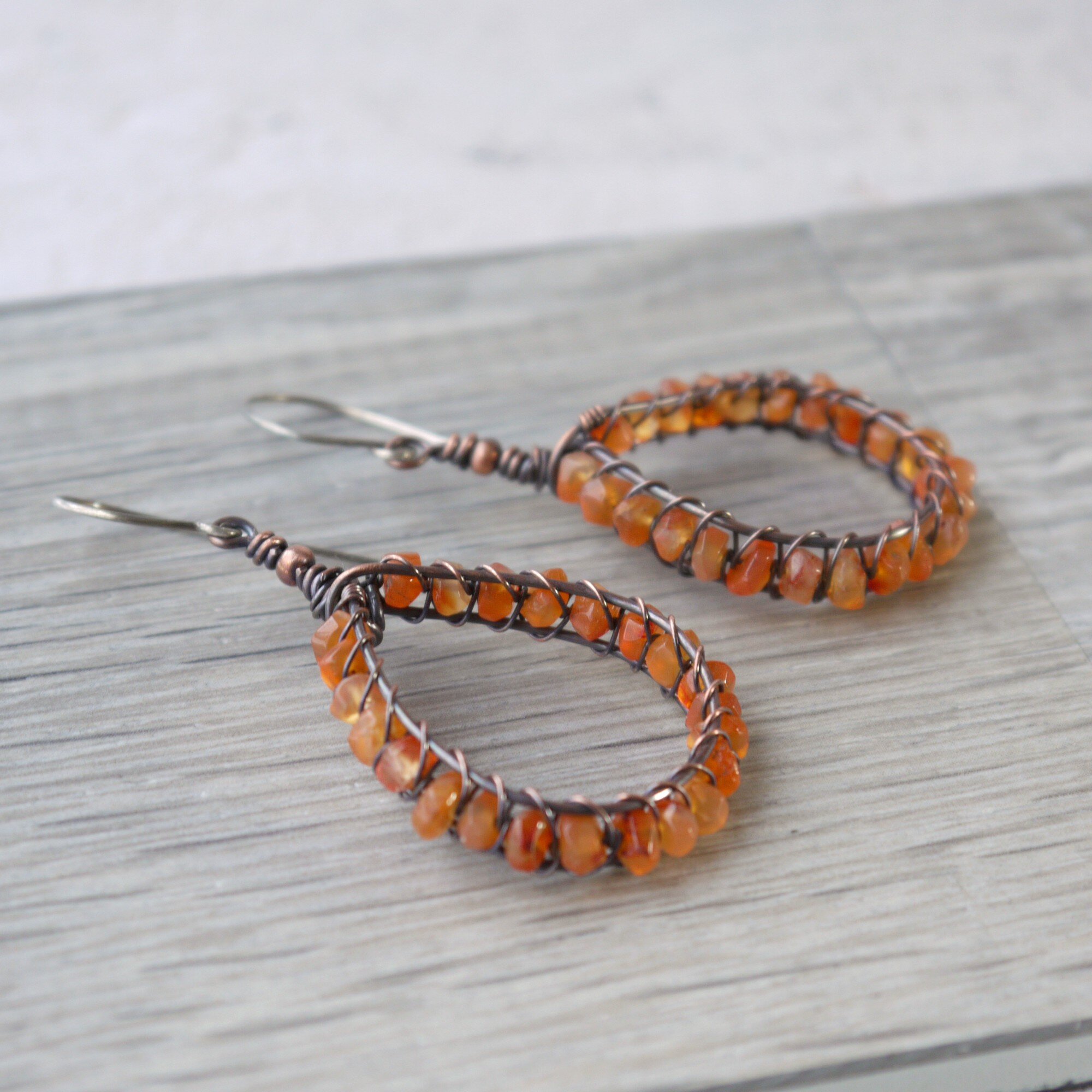 Orange Carnelian Oxidized Copper Wire Wrapped Earrings