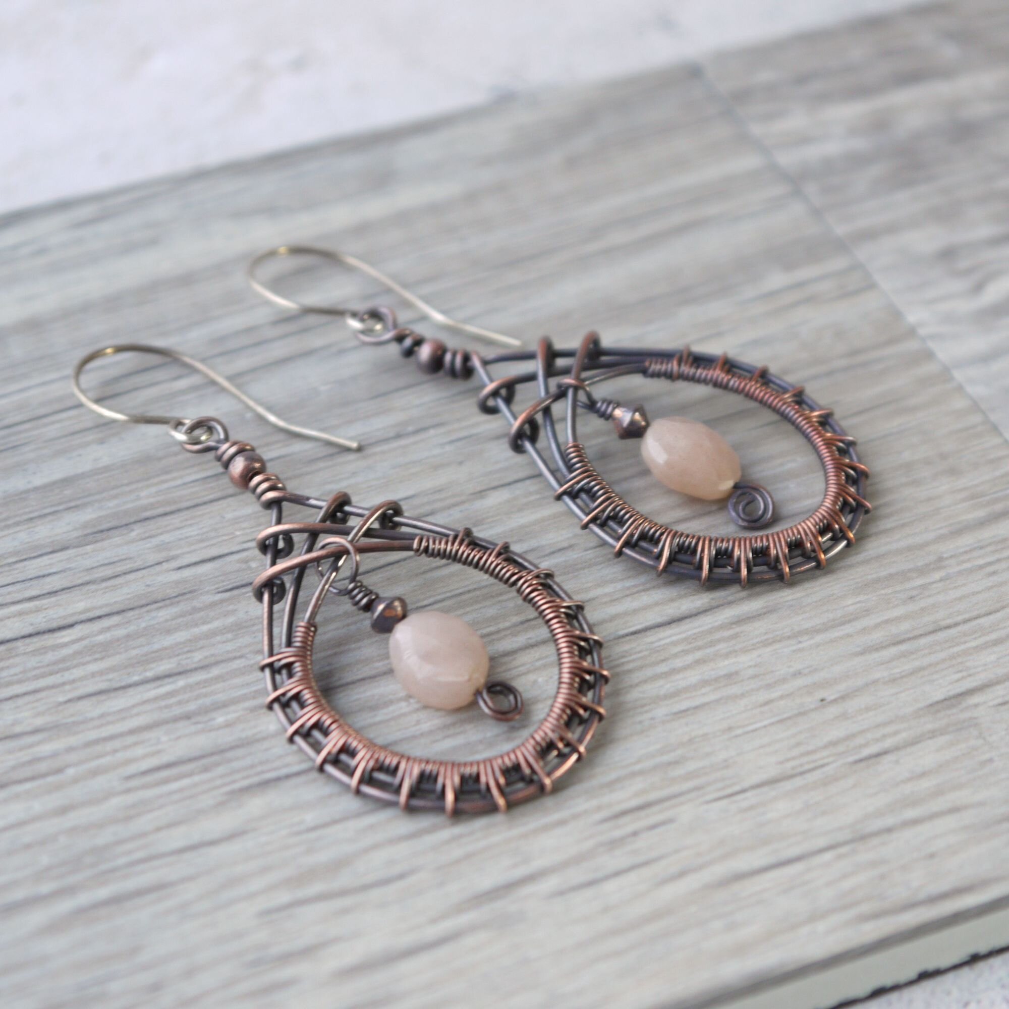 Peach Moonstone Wire Woven Copper Boho Earrings