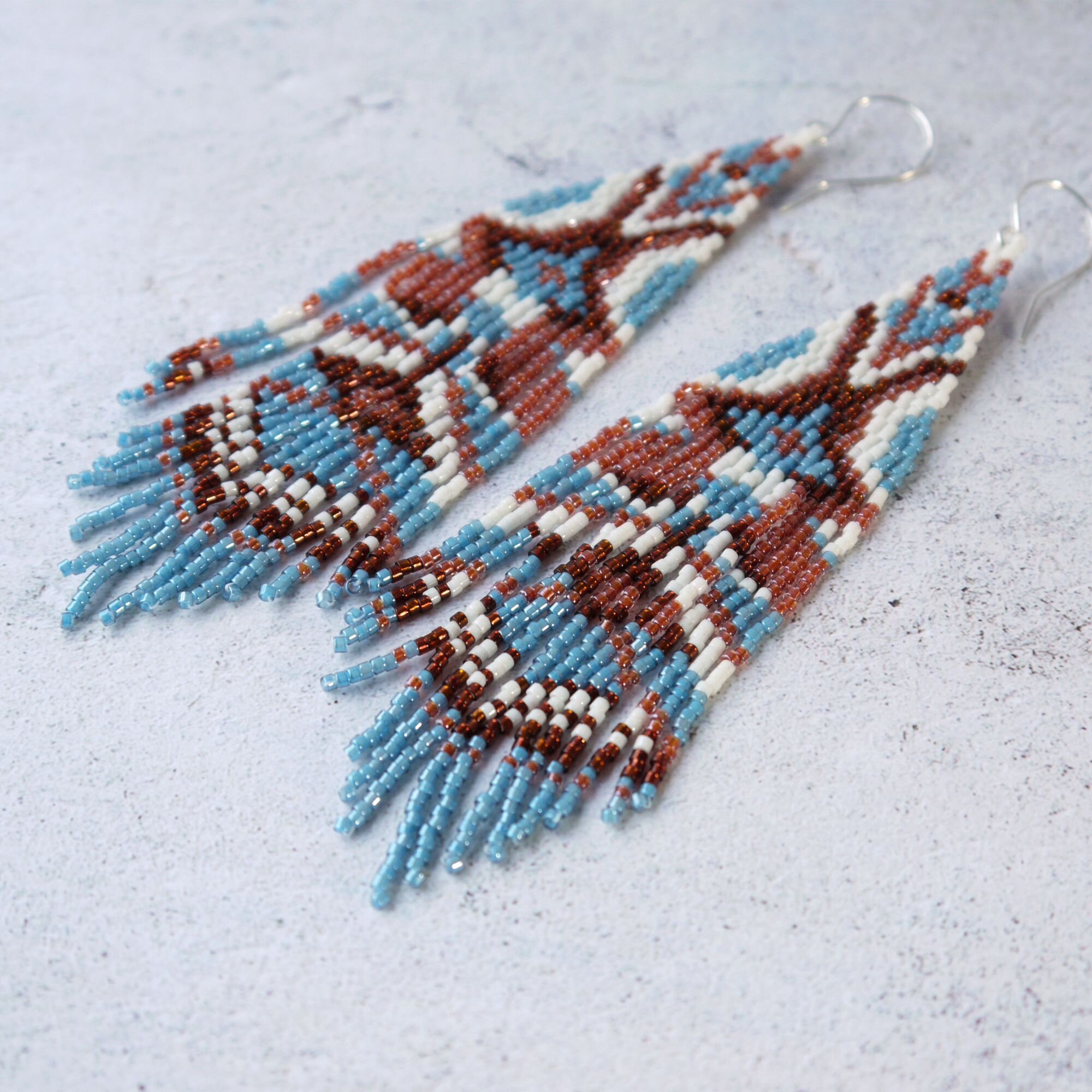 Blue Bohemian Long Fringe Seed Bead Earrings