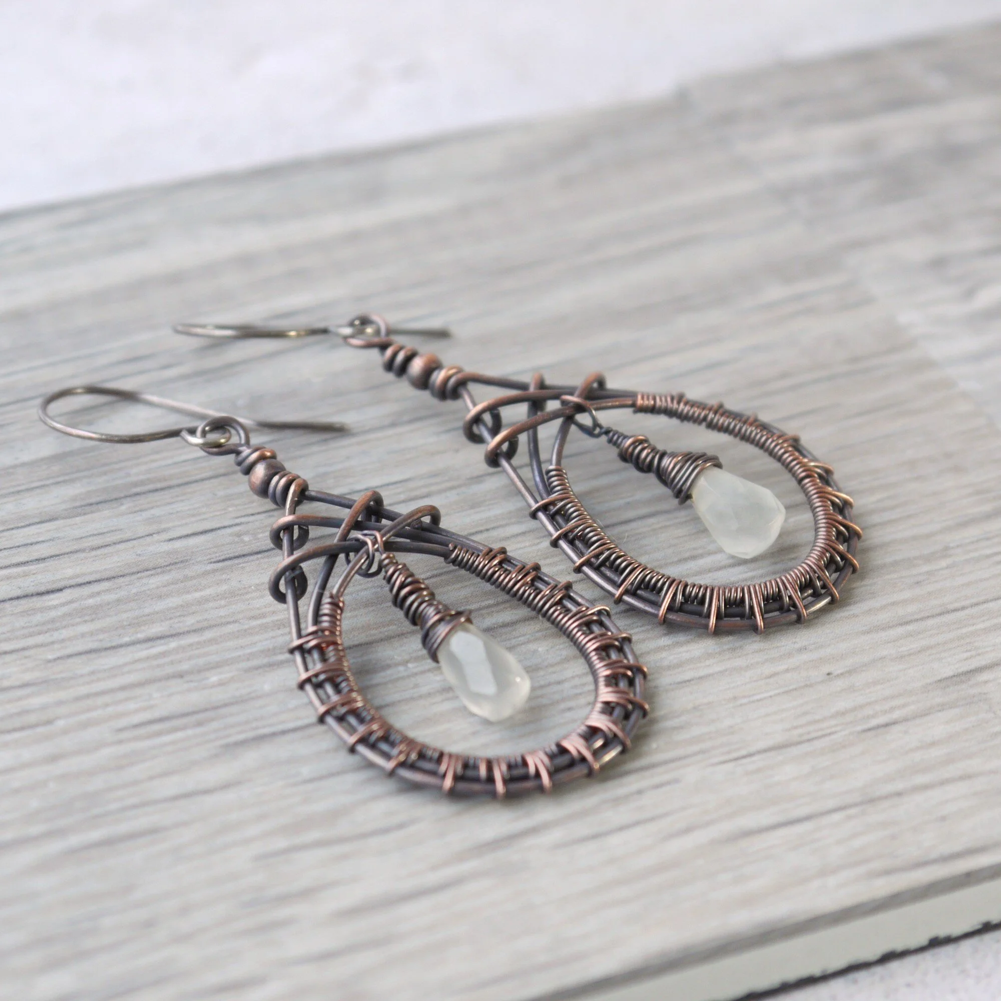 White Moonstone Copper Wire Woven Boho Earrings 