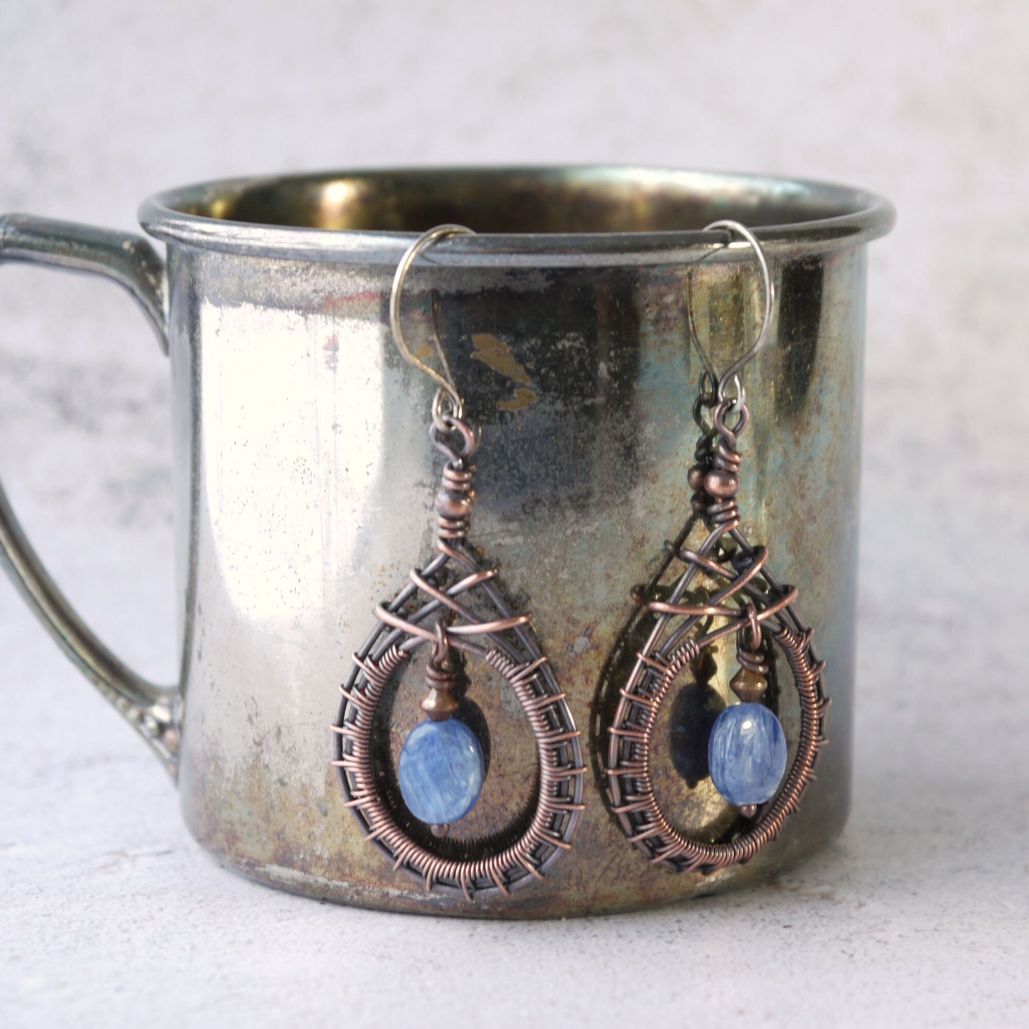 Blue Kyanite Copper Wire Wrapped Teardrop Earrings