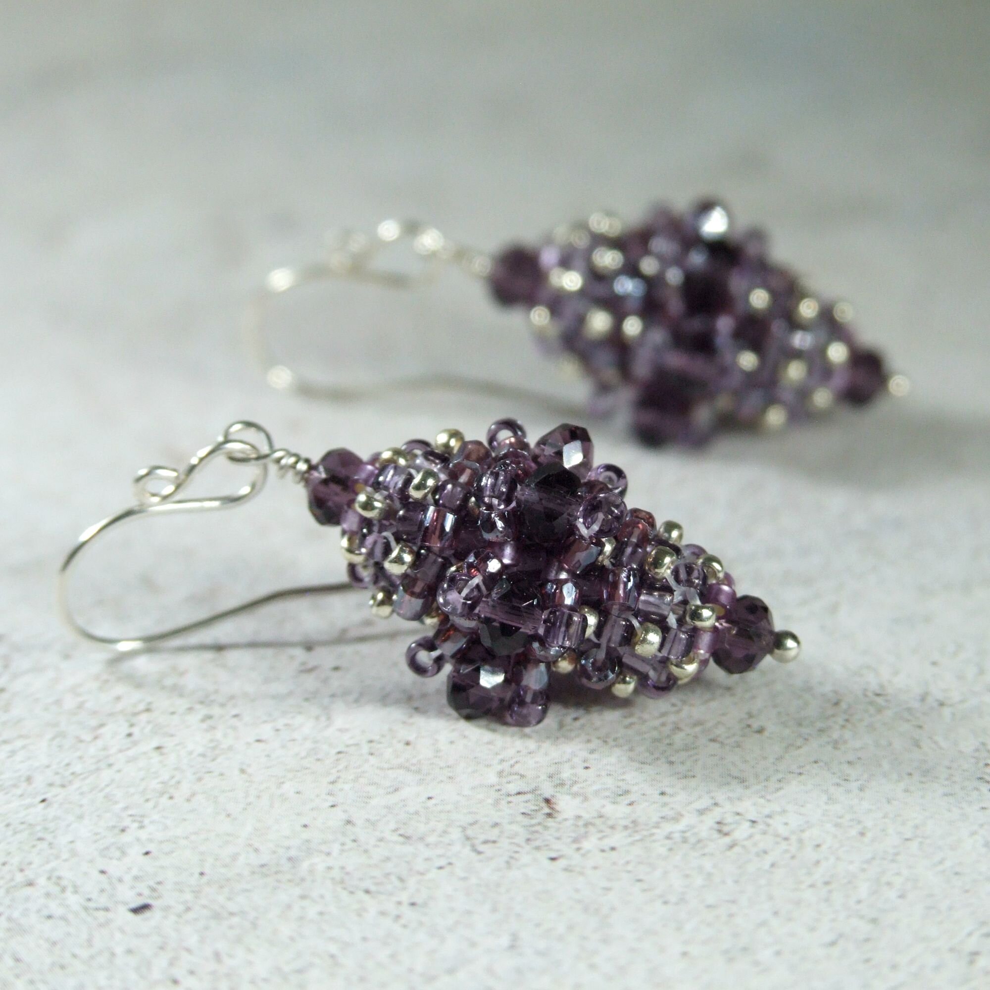 Vintage Inspired Purple Glass Beaded Bead Drop Earrings