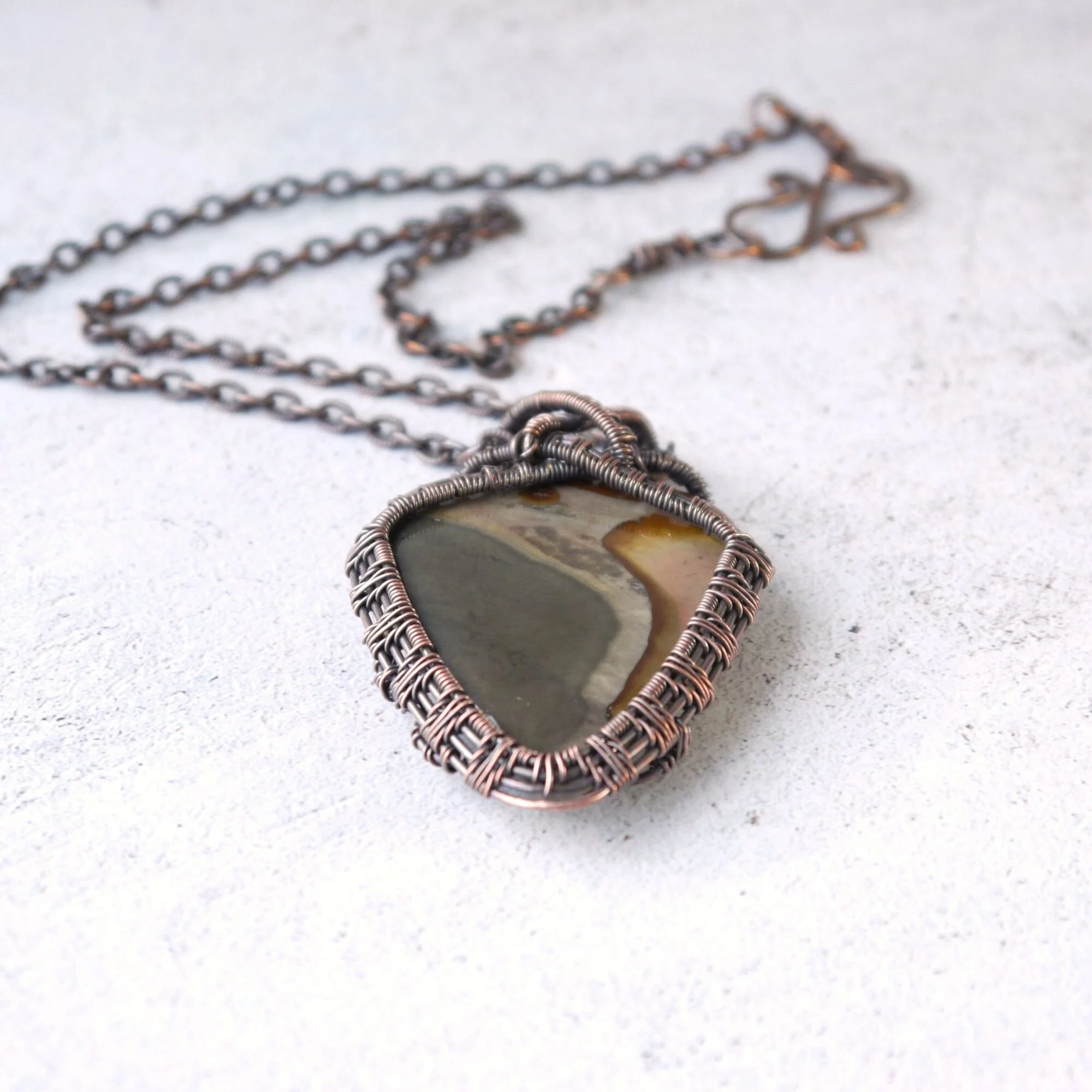 artisan handcrafted copper wire woven ocean beach necklace polychrome jasper jewelry