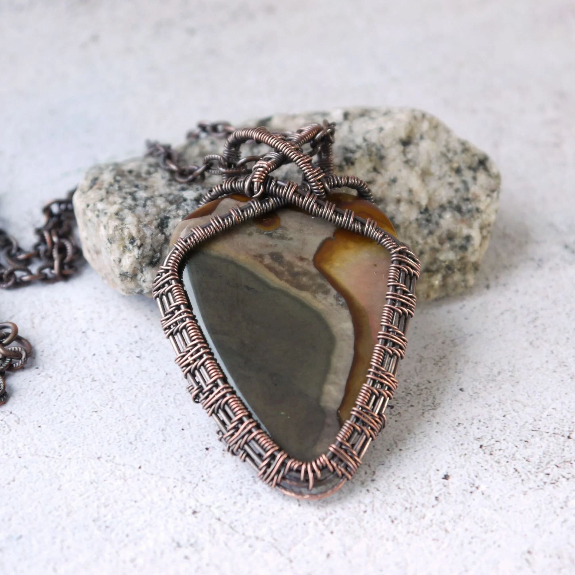 oxidized copper wire wrapped jasper pendant necklace unique handmade jewelry boho gifts