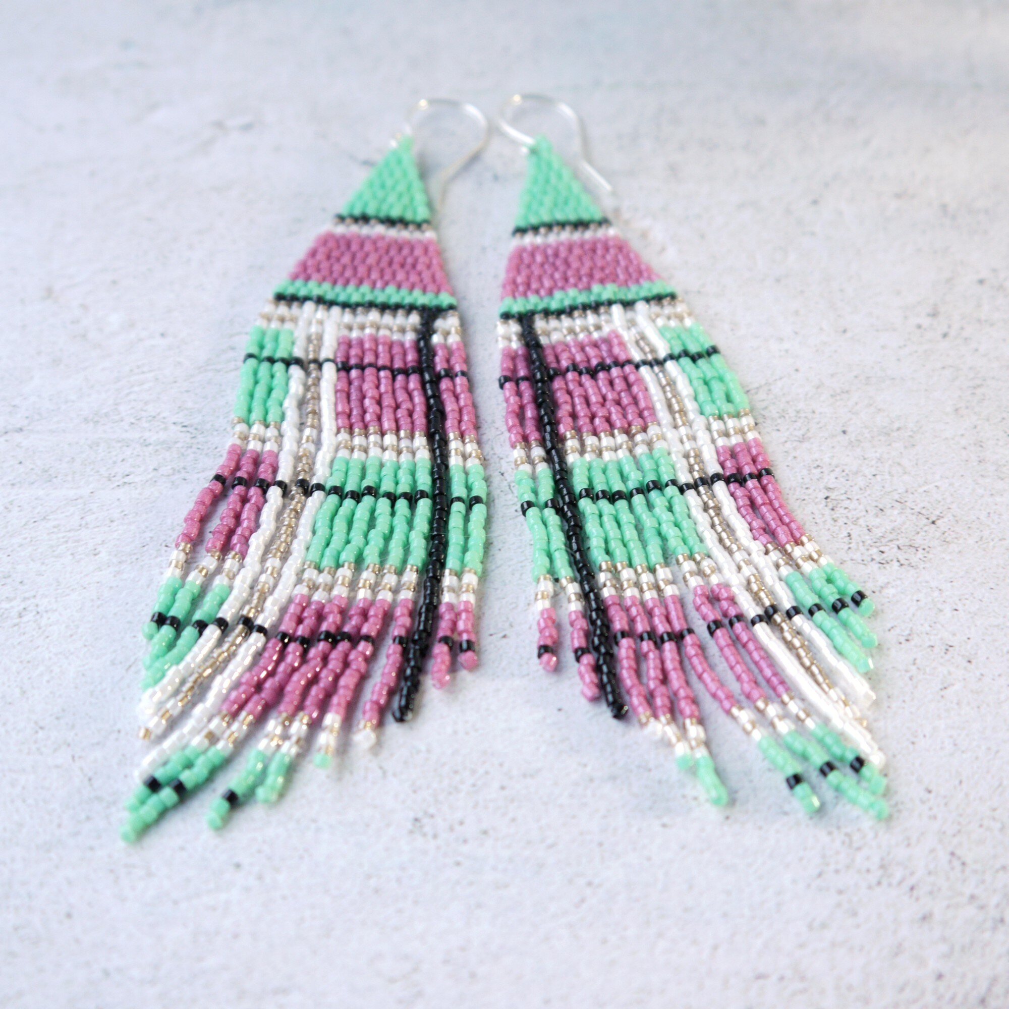 Pink &amp; Green Plaid Long Fringe Seed Bead Earrings