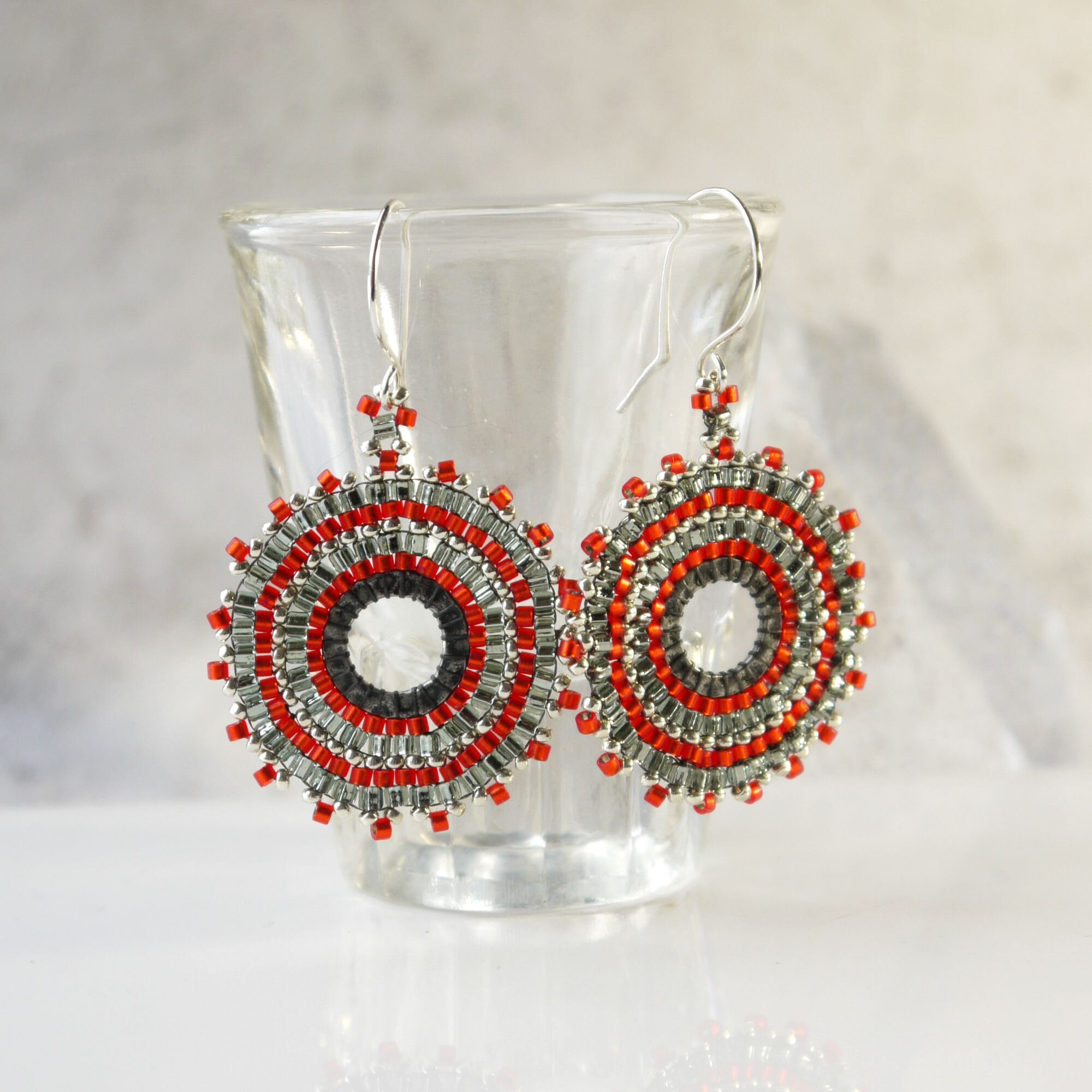 Red Orange &amp; Grey Glass Beaded Hoop Earrings