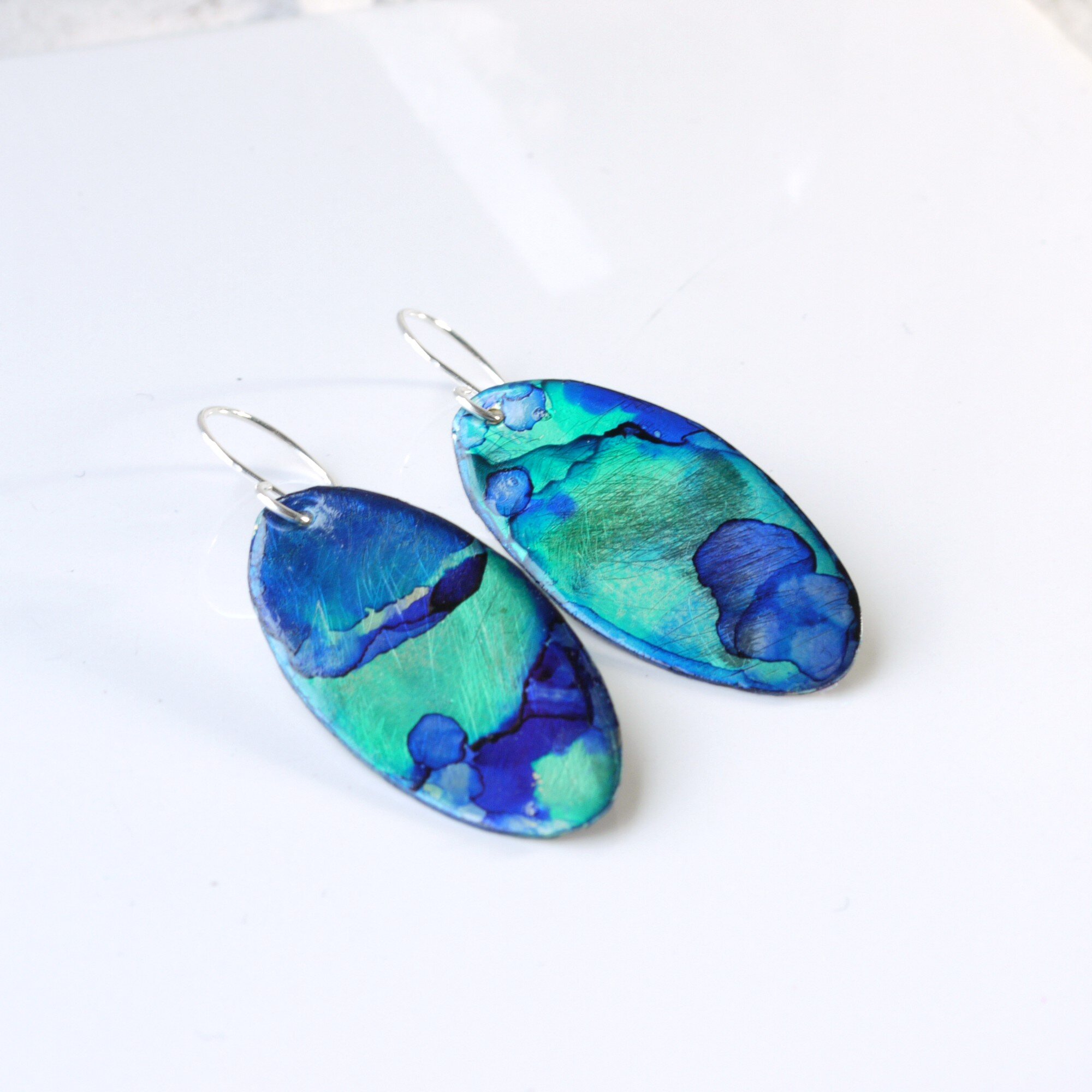 Oval Blue &amp; Green Alcohol Ink Metal Dangle Earrings