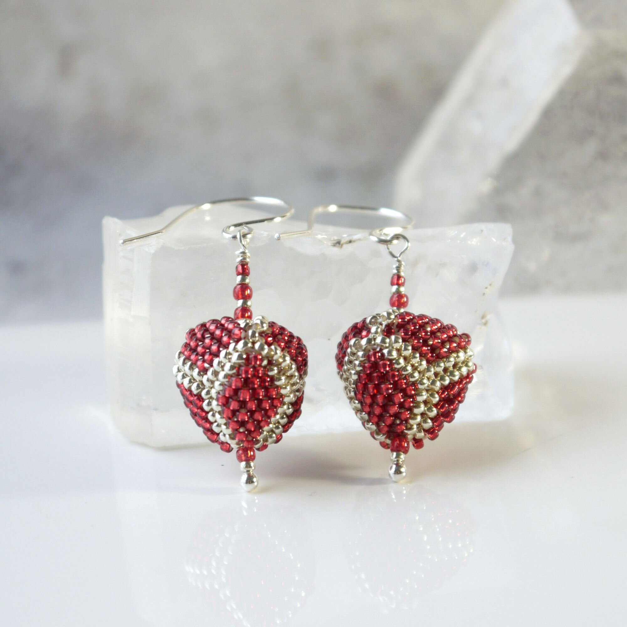 Pomegranate &amp; Silver 3D Glass Beaded Triangle Earrings